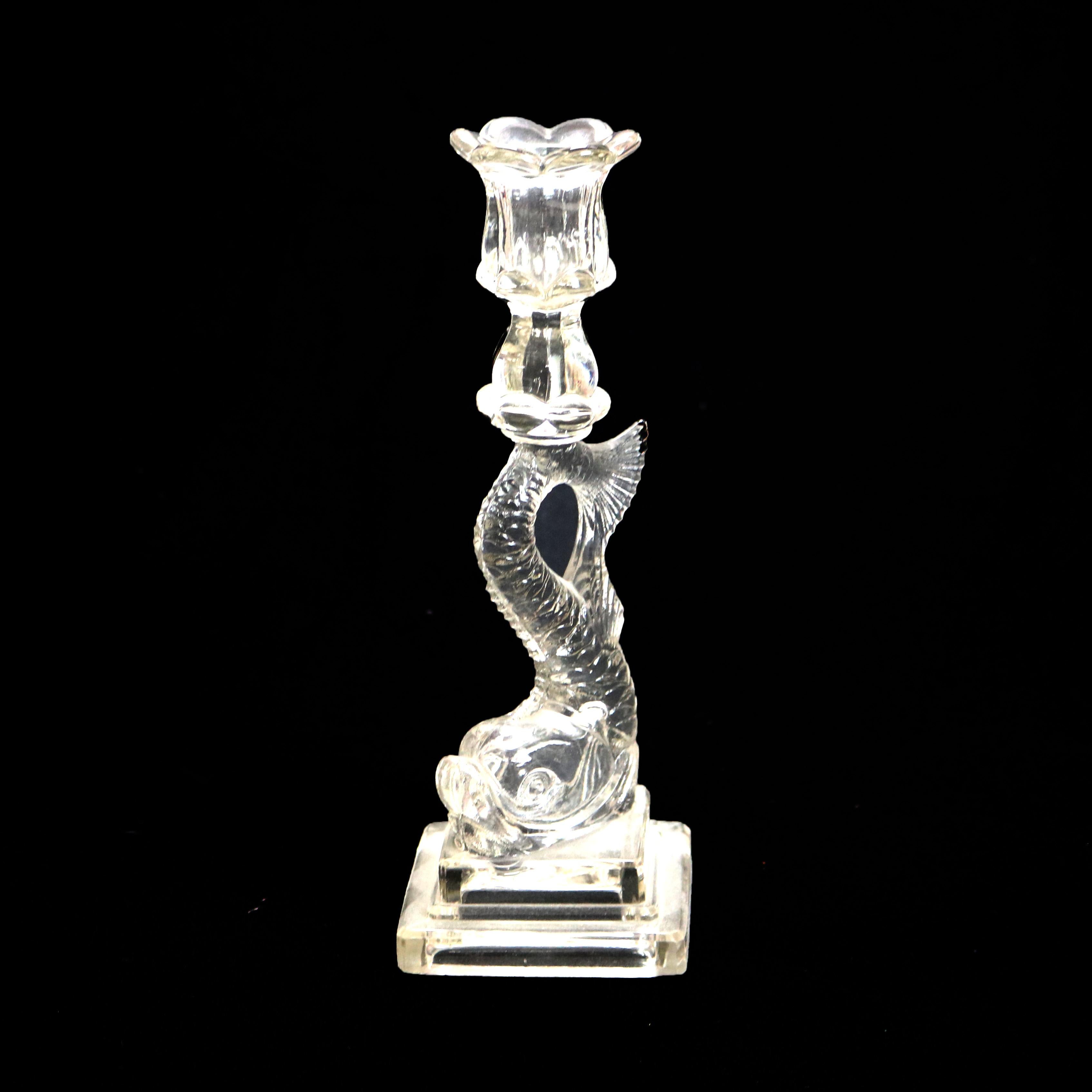 Four Antique Figural Dolphin Fish Sandwich Glass Candlesticks C1930 2