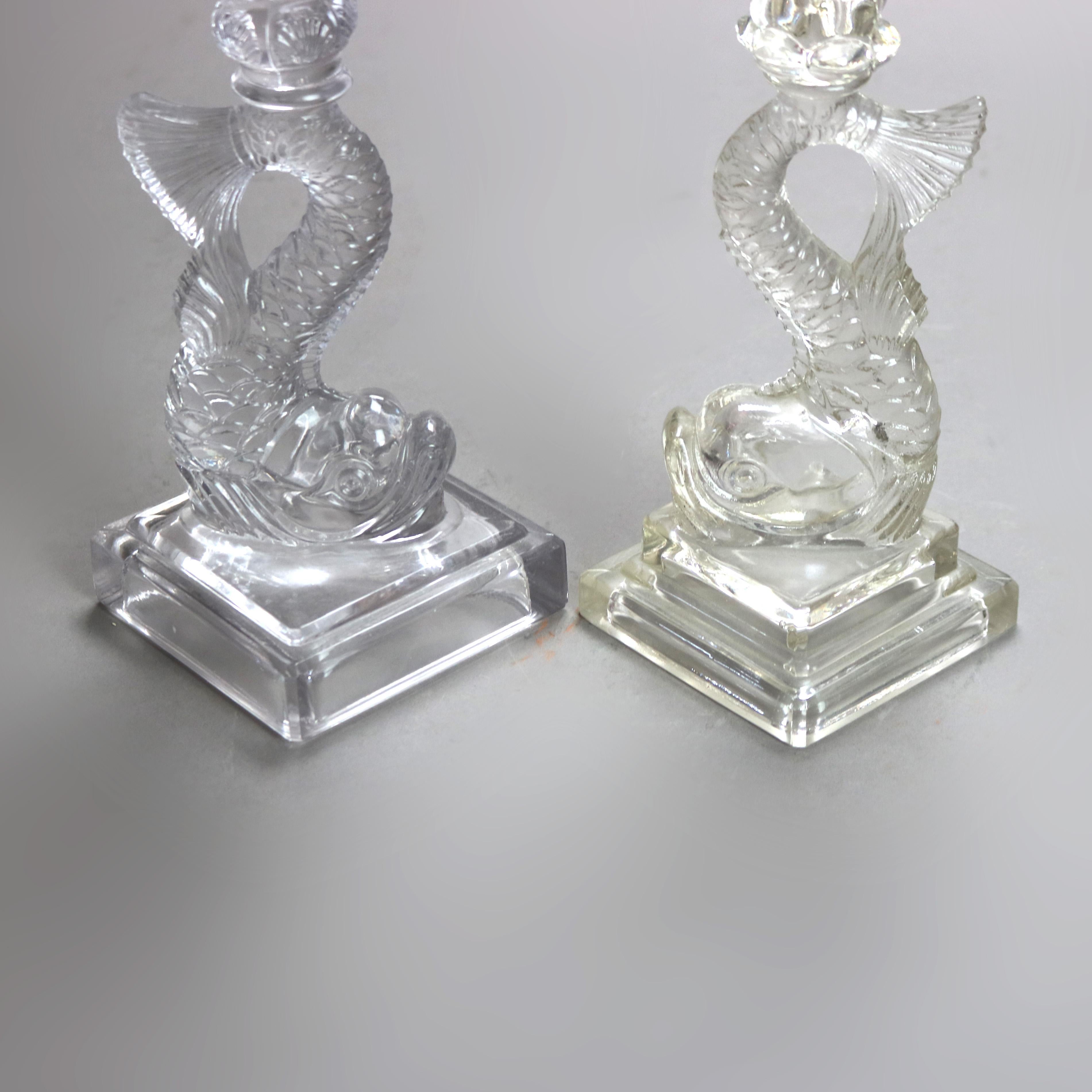 Four Antique Figural Dolphin Fish Sandwich Glass Candlesticks C1930 3