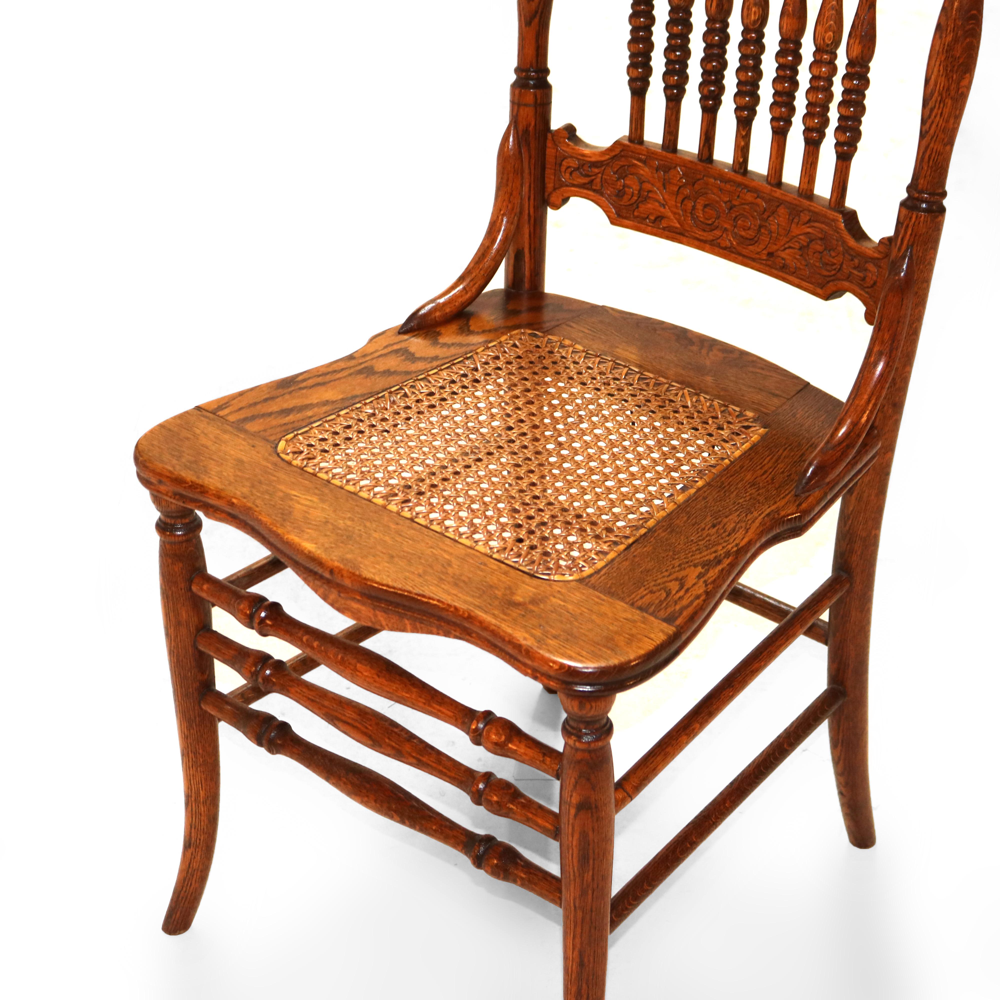 Four Antique Foliate Pressed & Spindle Back Oak Chairs with Caned Seats C1910 In Good Condition In Big Flats, NY