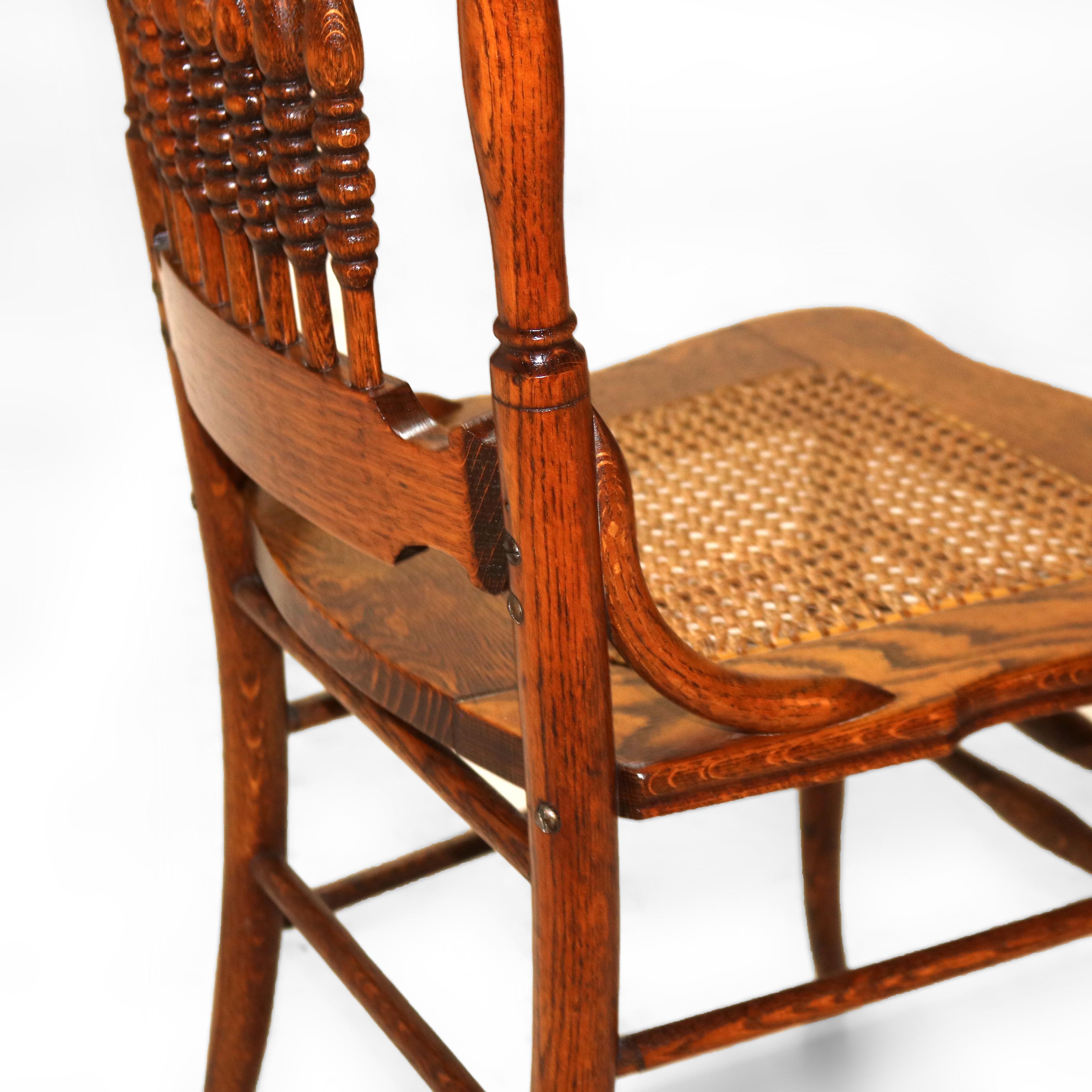 Four Antique Foliate Pressed & Spindle Back Oak Chairs with Caned Seats C1910 1