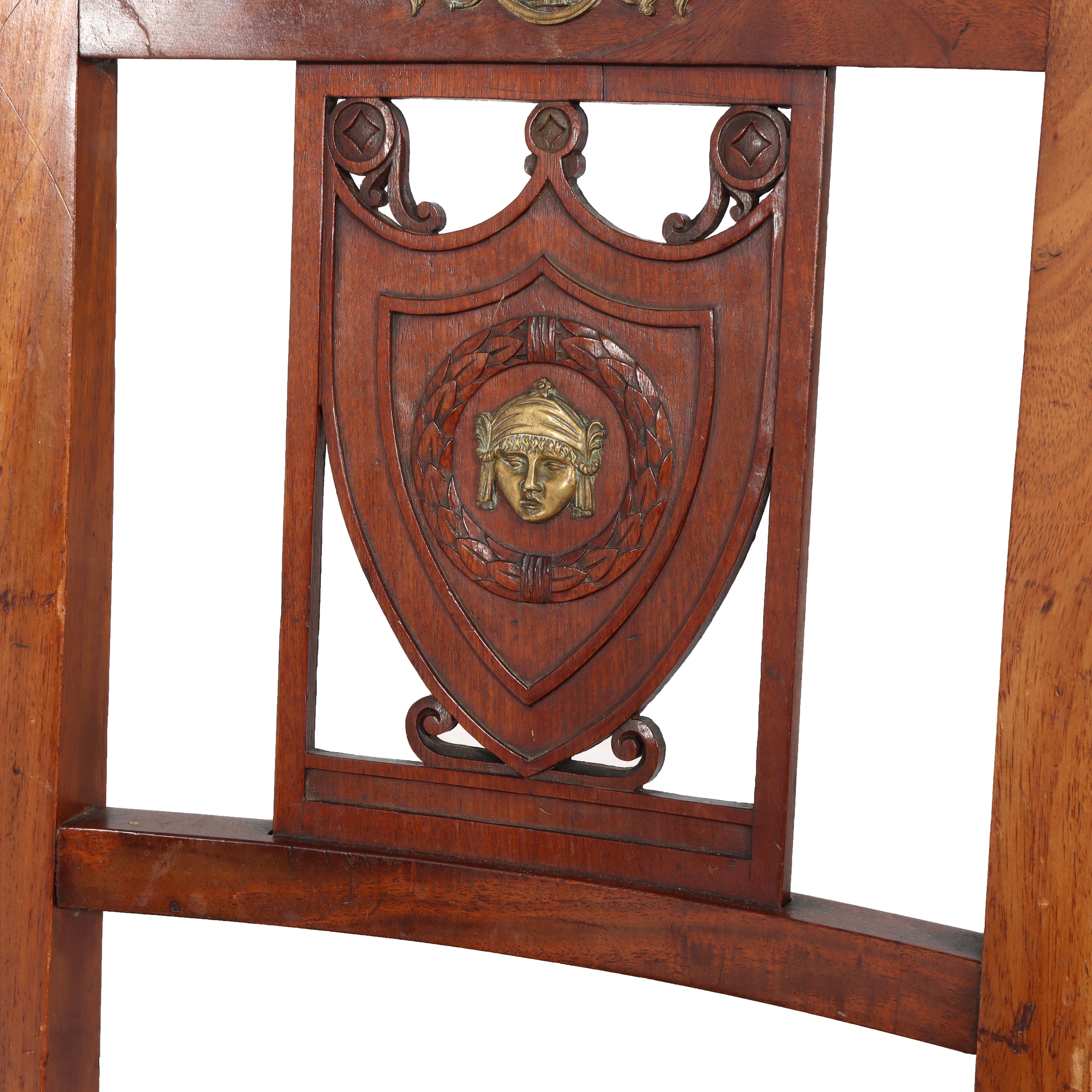 ***Reduced In-House Delivery Rates - Click on “Ask Seller” to Request a Quote***

Four Antique French Empire Kingwood & Figural Ormolu Classical Dining Chairs with Shield Form Backs having Persian Masks 19thC

Measures- 34.75