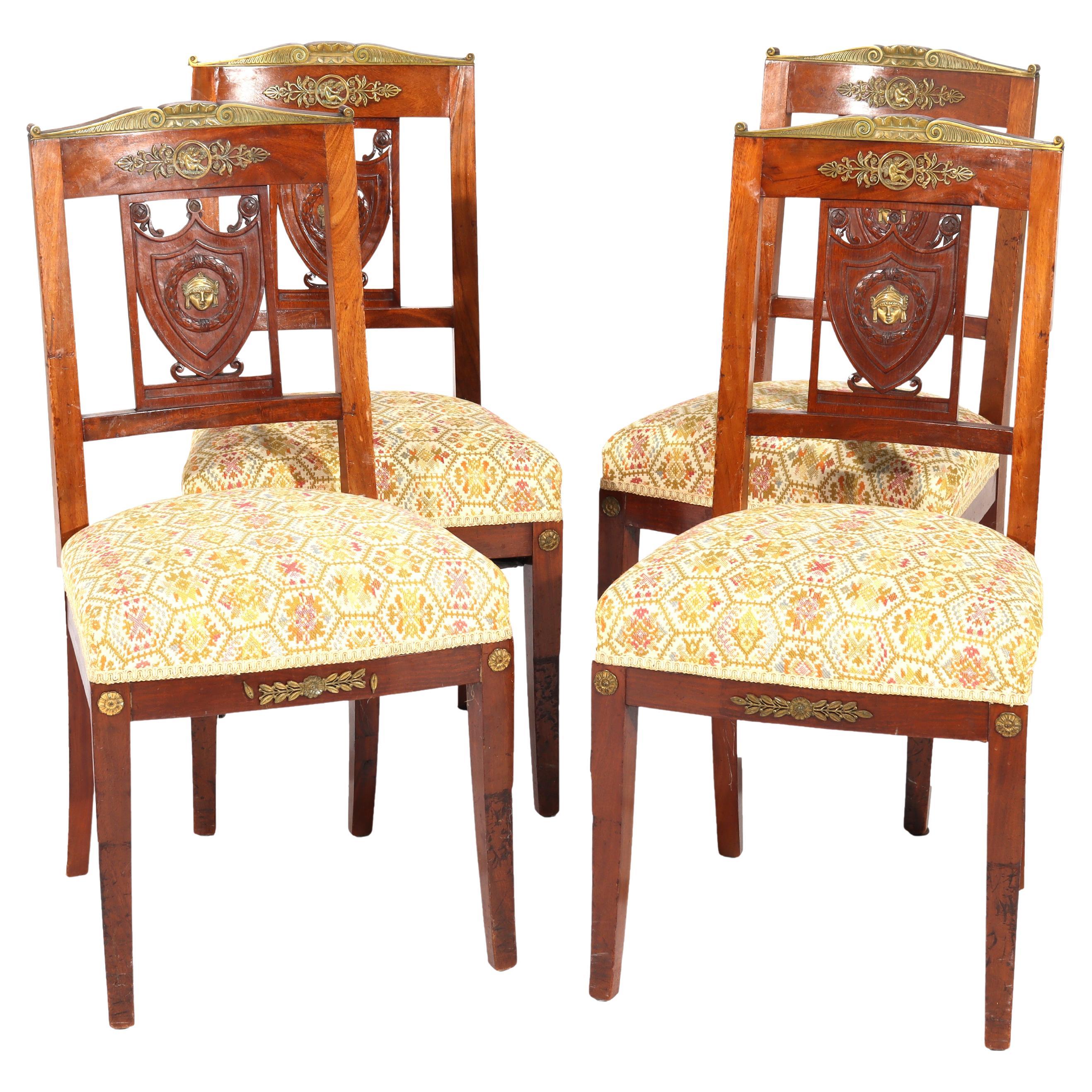 Four Antique French Empire Kingwood & Figural Ormolu Classical Dining Chairs For Sale