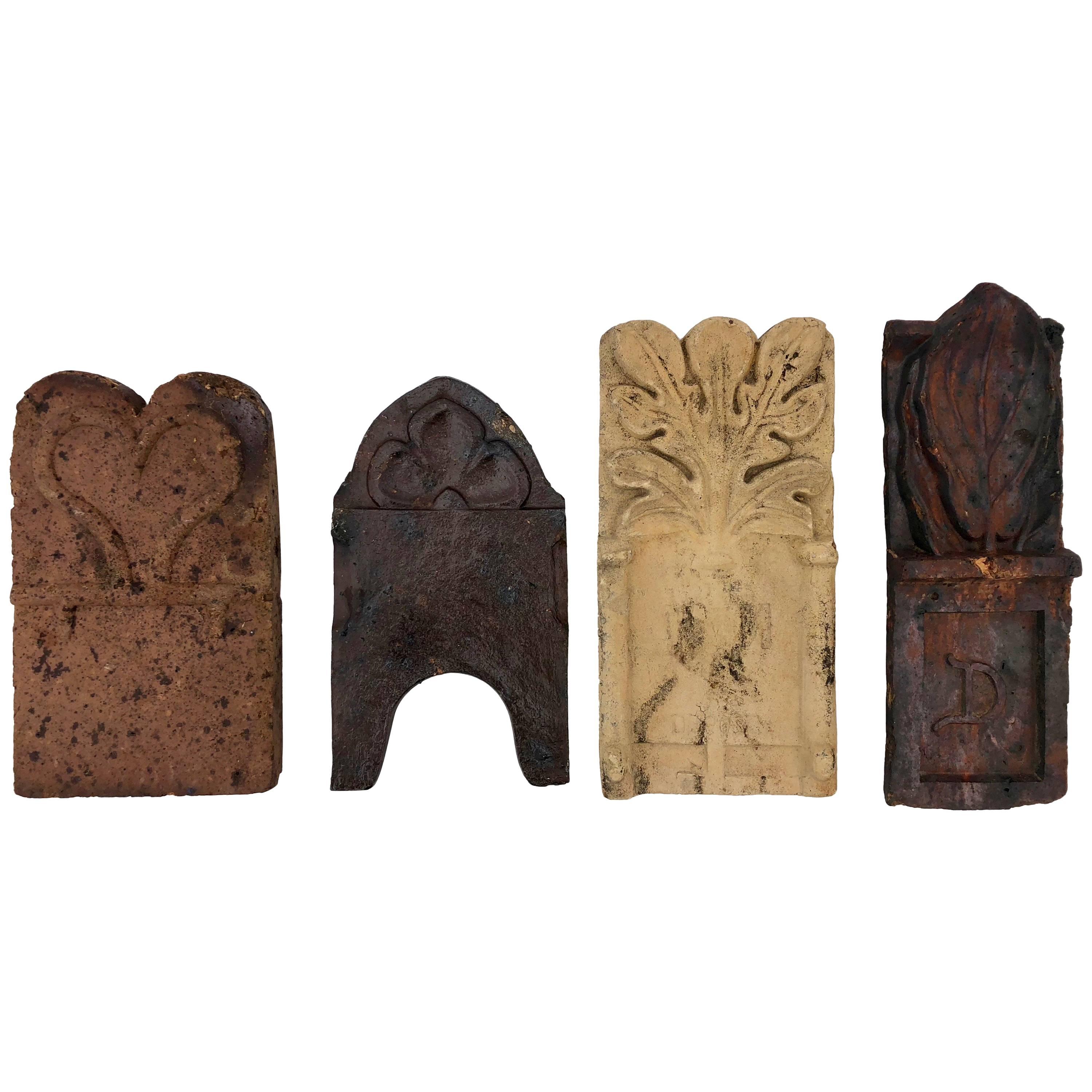 Four Antique French Glazed Terracotta Tiles Handmade for a Garden, Early 1900s For Sale