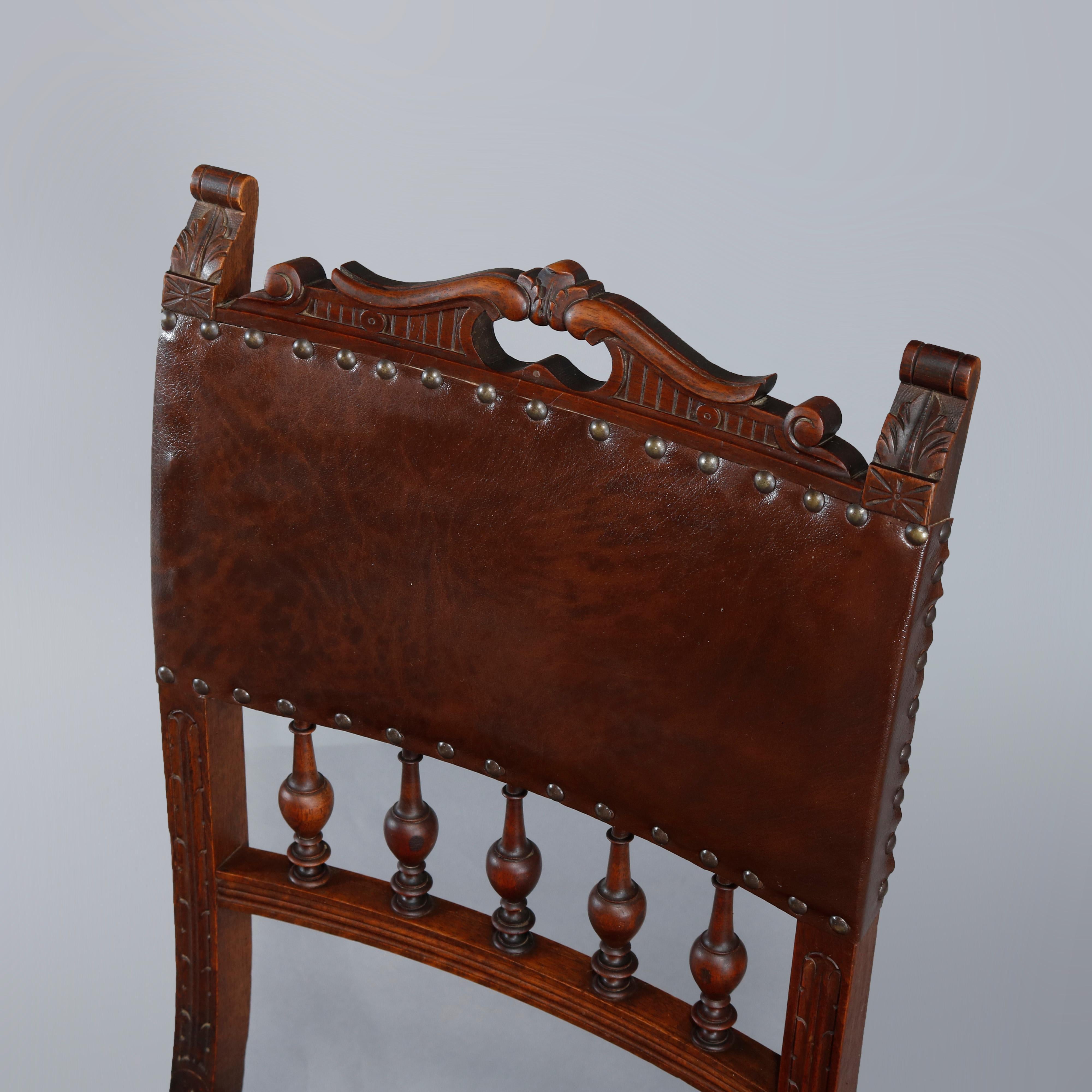 Four Antique French Renaissance Carved Walnut and Leather Dining Chairs In Good Condition For Sale In Big Flats, NY