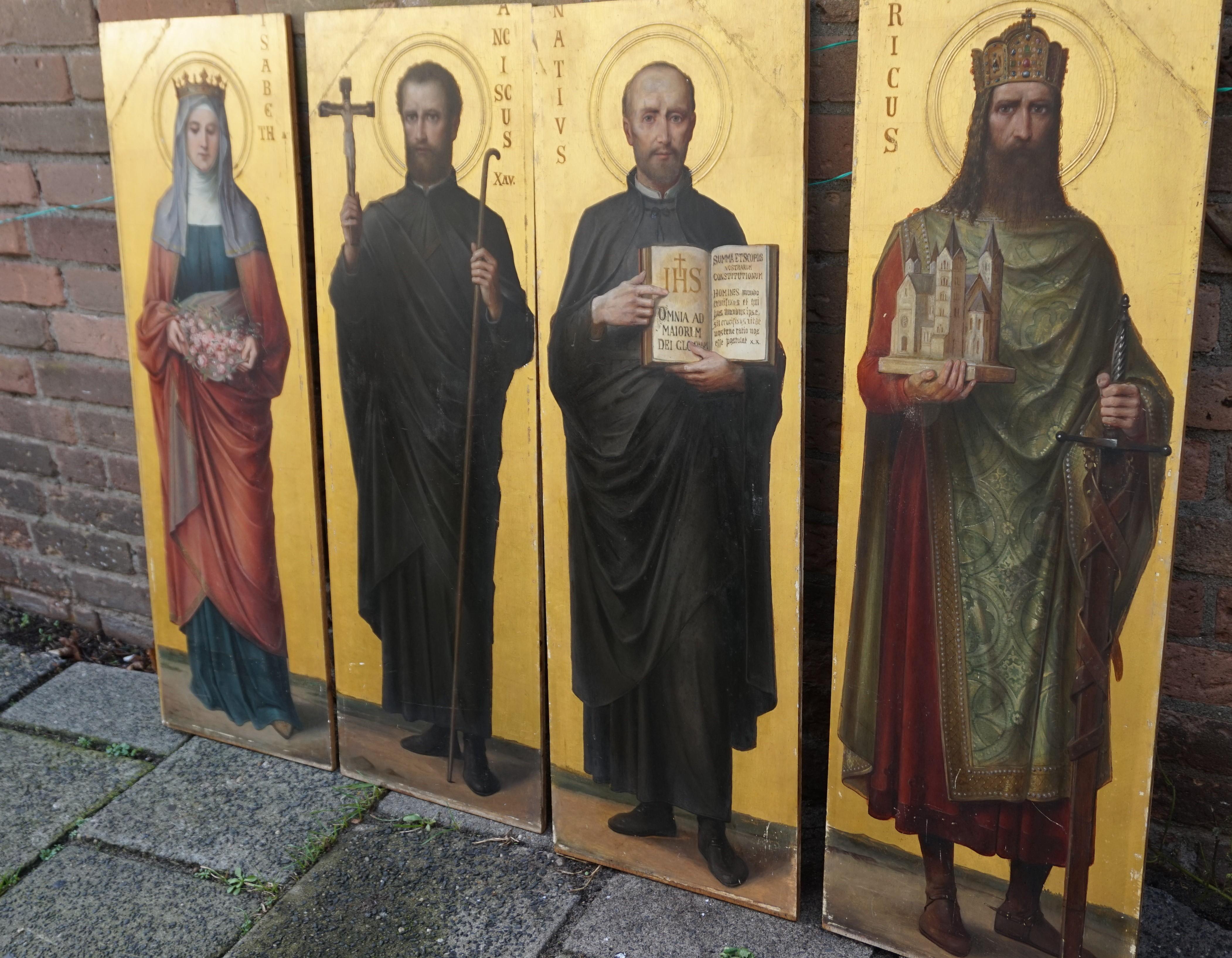 Oak Four Antique Hand Painted & Gilt Wooden Church Panel Paintings of Famous Saints