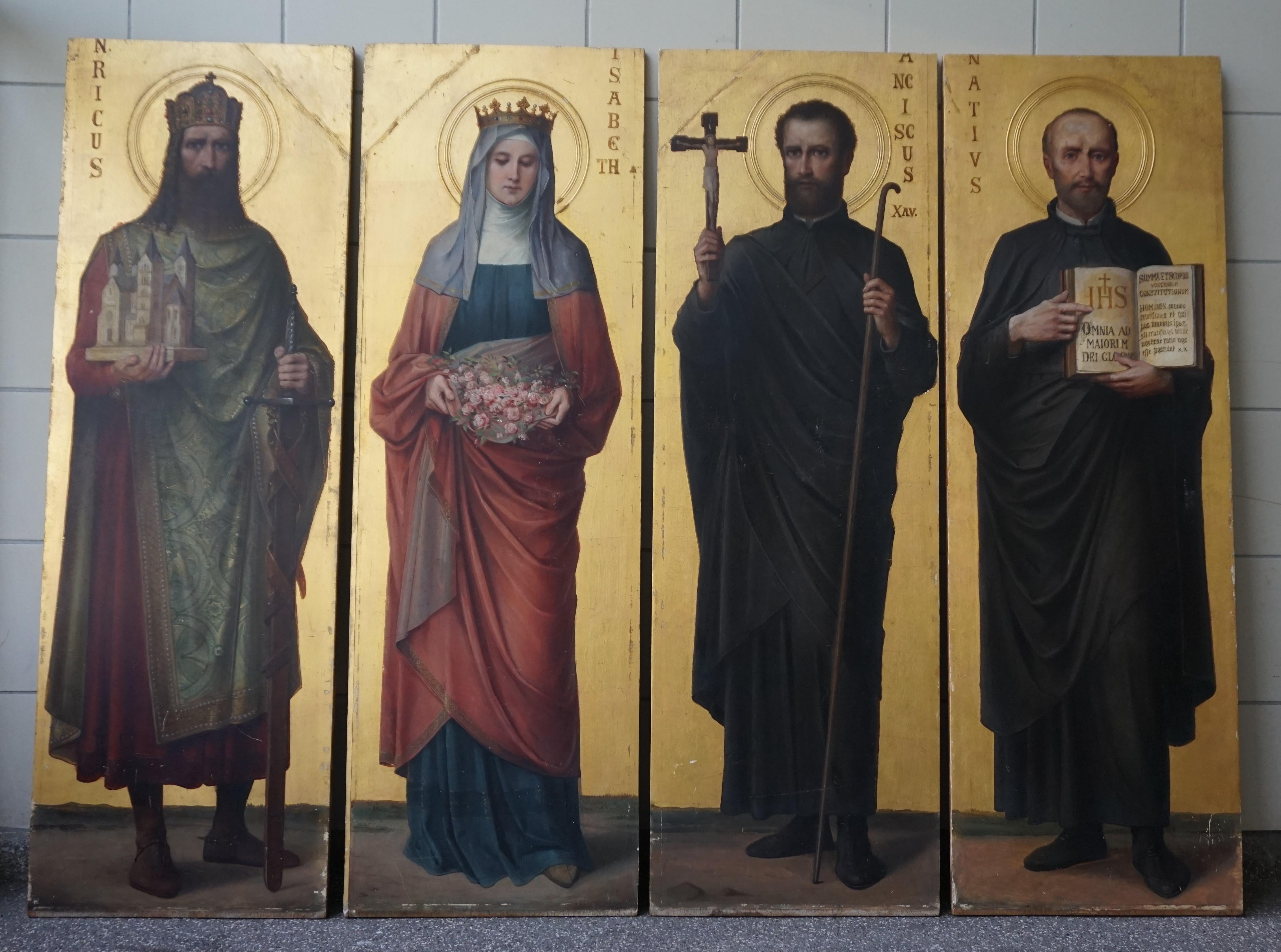 European Four Antique Hand Painted & Gilt Wooden Church Panel Paintings of Famous Saints