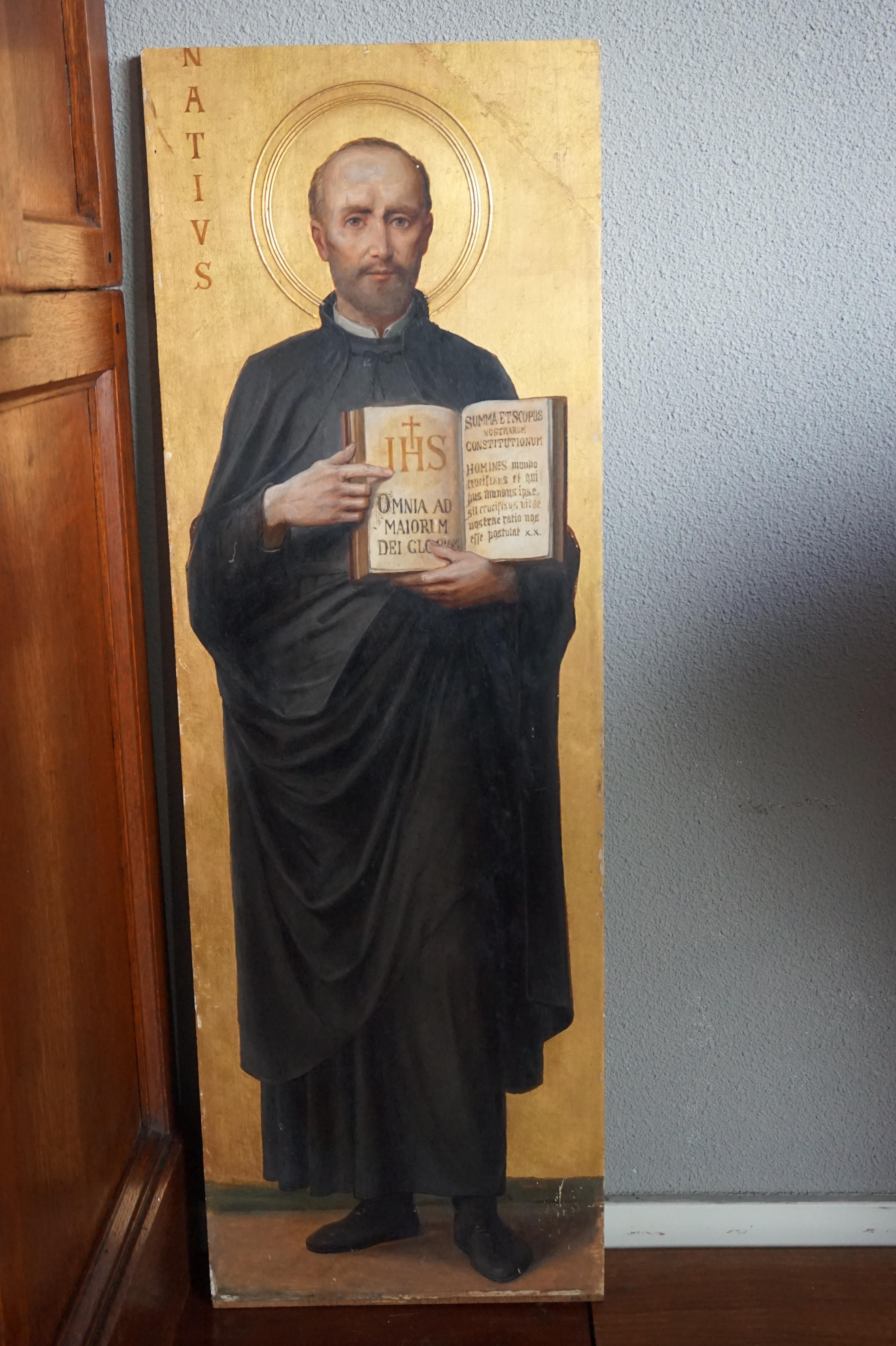 Four Antique Hand Painted & Gilt Wooden Church Panel Paintings of Famous Saints In Good Condition In Lisse, NL