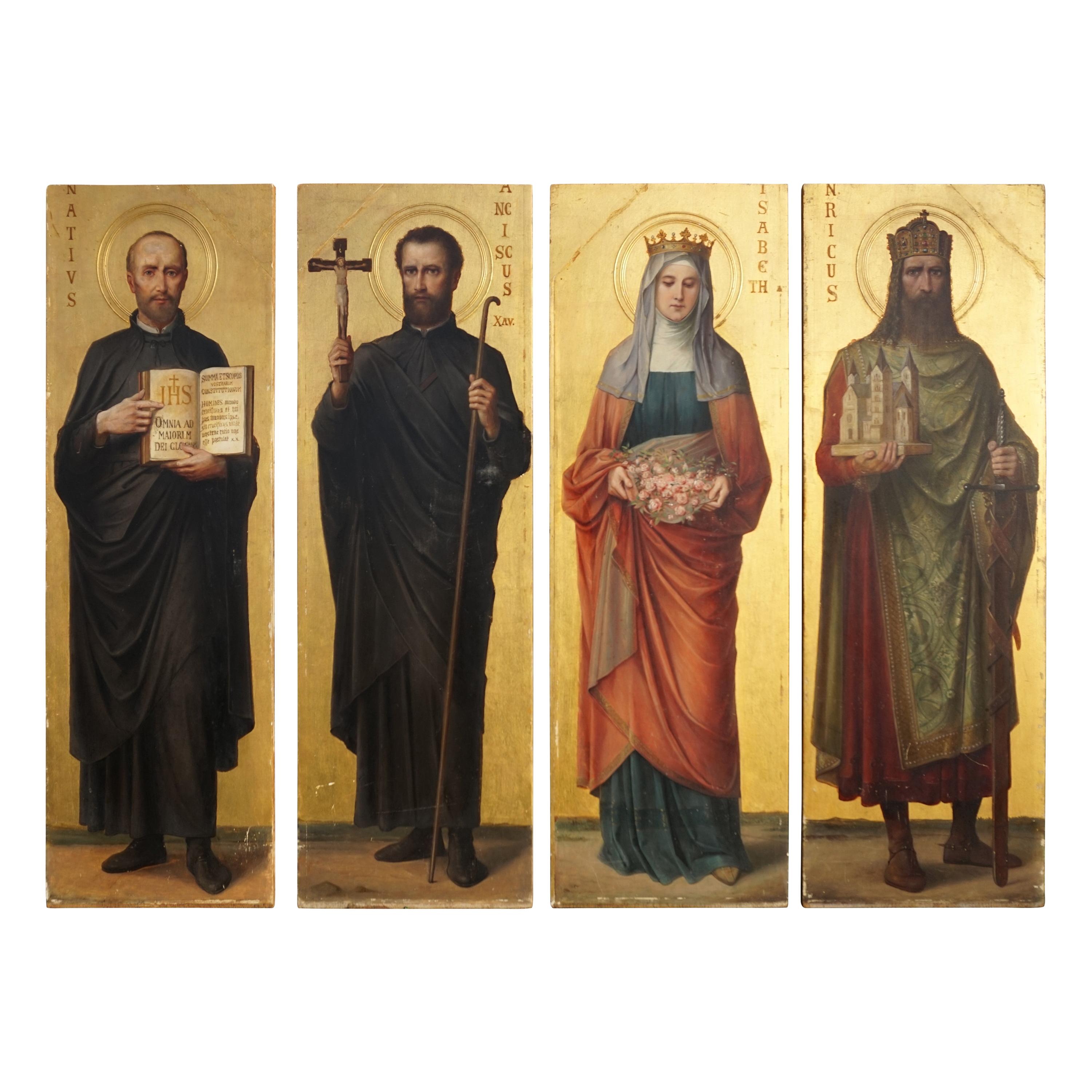 Four Antique Hand Painted & Gilt Wooden Church Panel Paintings of Famous Saints
