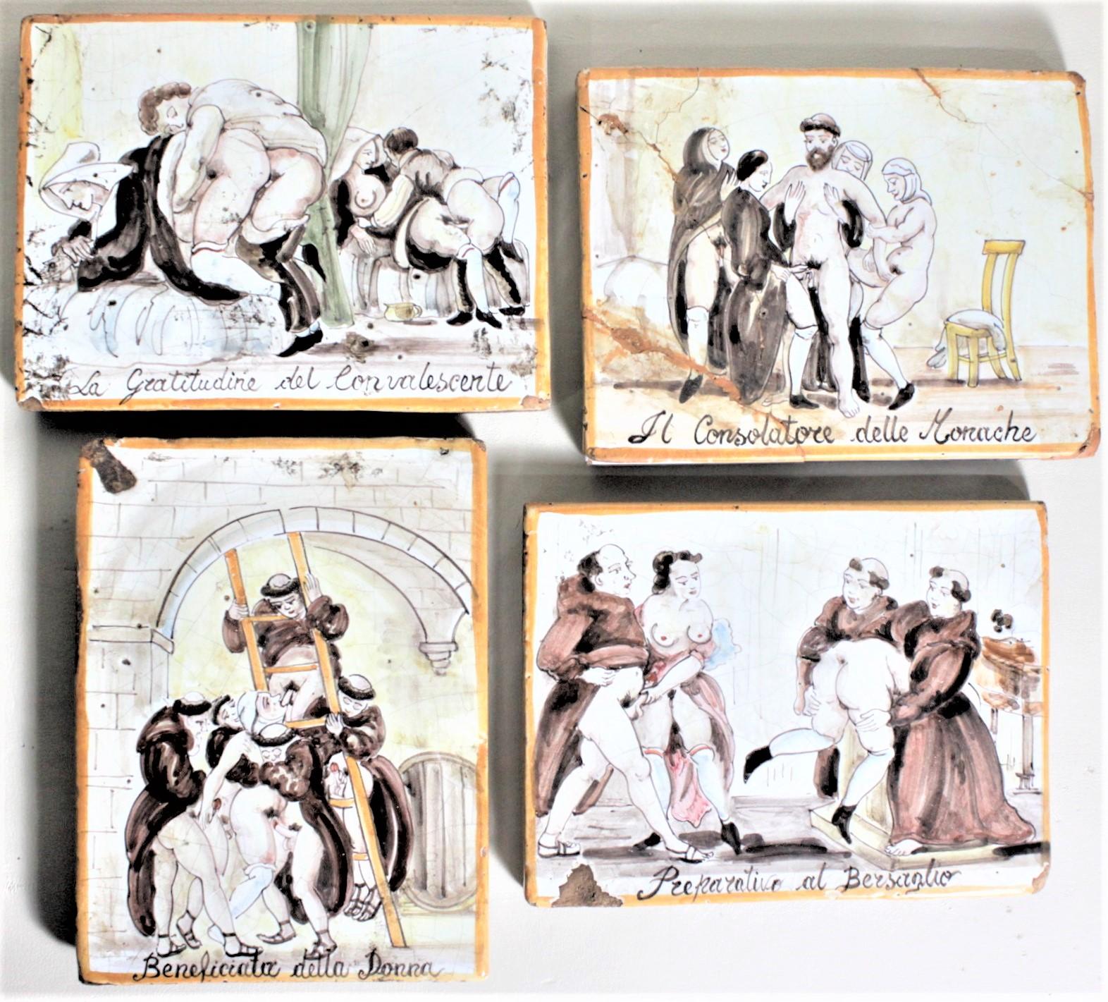 Vier antike italienische, extrem erotische, handbemalte Keramikfliesen mit Mönchen und Nunen im Angebot 3