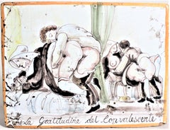 Four Antique Italian Extreme Erotica Hand Painted Pottery Tiles of Monks & Nuns