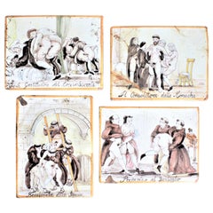 Four Antique Italian Extreme Erotica Hand Painted Pottery Tiles of Monks & Nuns
