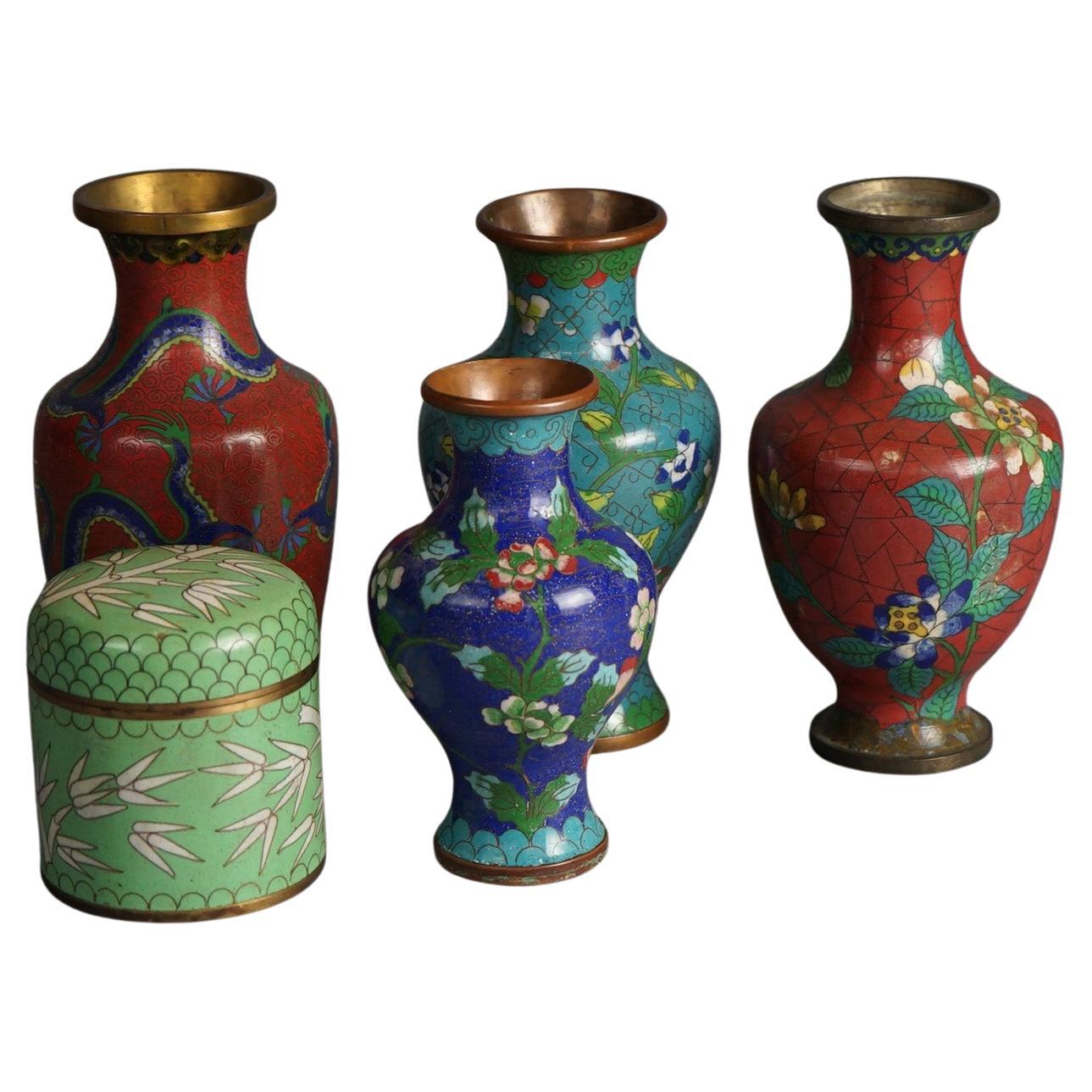 Four Antique Japanese Cloisonne Floral Enameled Vases & Covered Box C1920