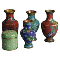 Four Antique Japanese Cloisonne Floral Enameled Vases & Covered Box C1920