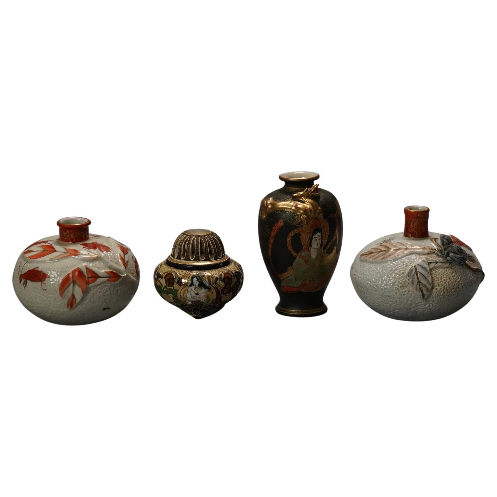 Four Antique Japanese Satsuma Porcelain Vases C1920 For Sale