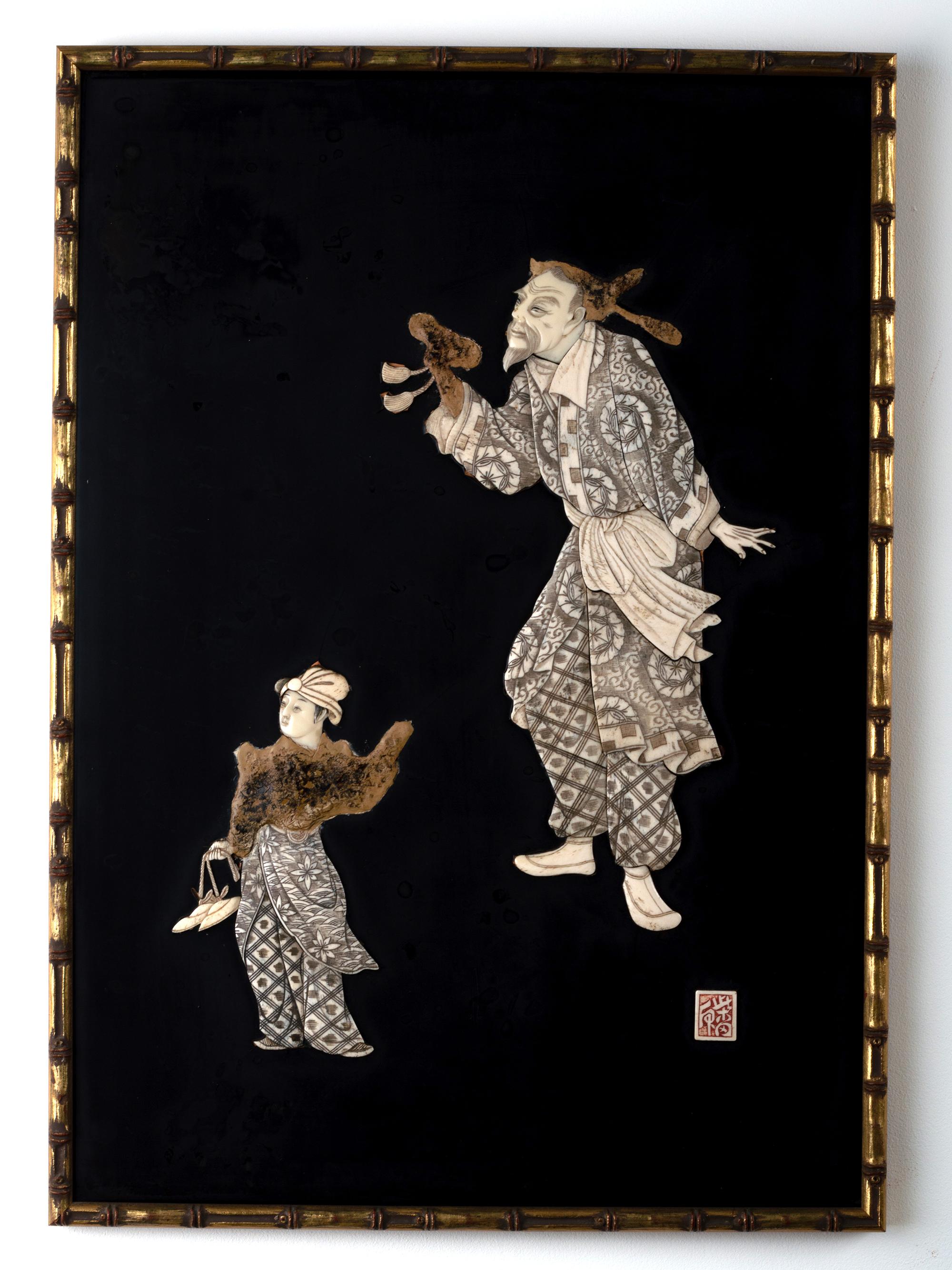 A collection of four Japanese Shibayama lacquer panels of the Meiji period, circa 1900.

The Japanese black lacquered plaques are presented in vintage gilt simulated bamboo frames.
The collection is comprised of four panels in two varying