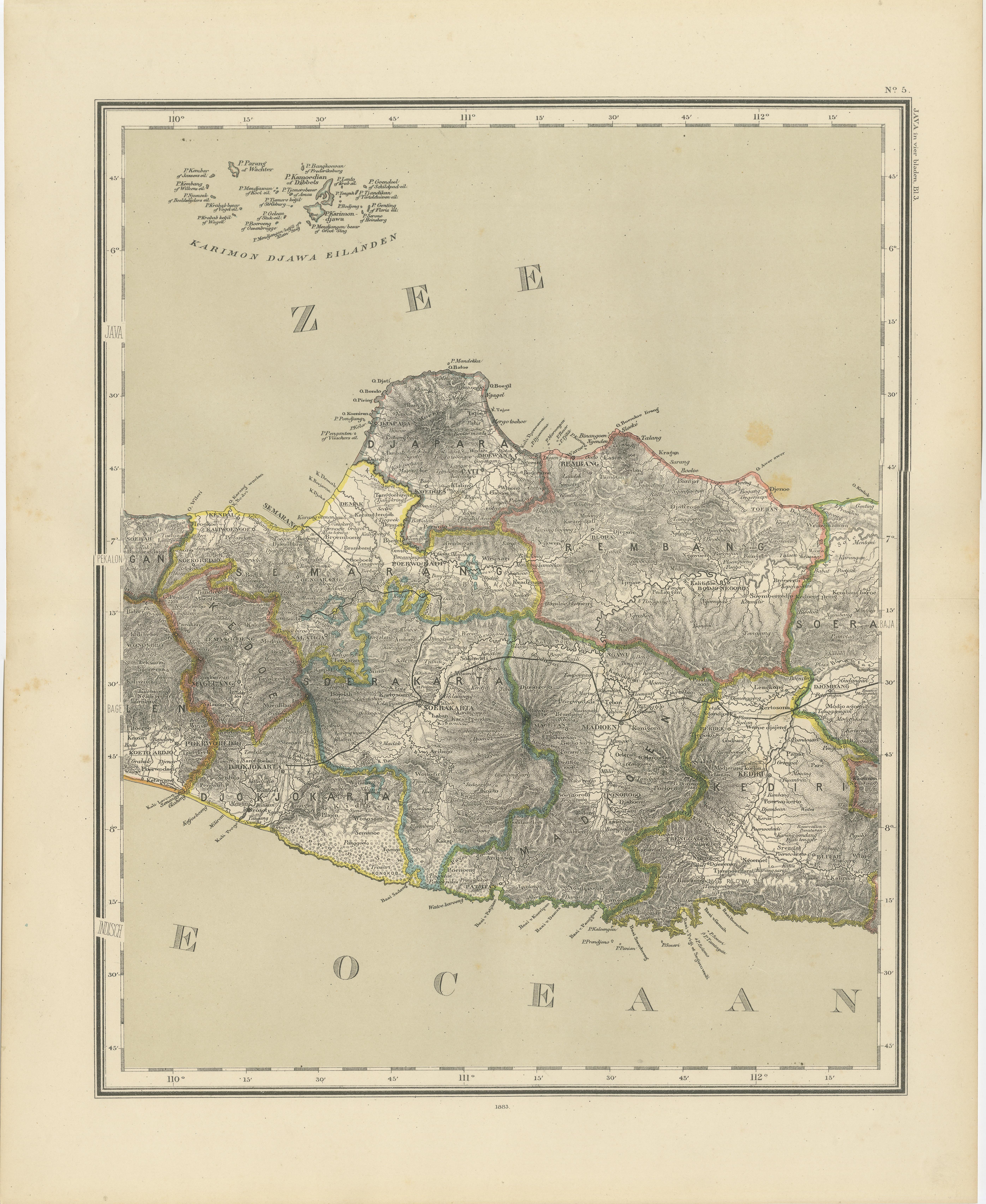 Cuatro mapas antiguos de Java con plano de Batavia - Juego de pared de las Indias Orientales Holandesas de 1880 en Bueno estado para la venta en Langweer, NL