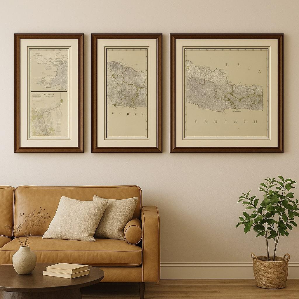 Cuatro mapas antiguos de Java con plano de Batavia - Juego de pared de las Indias Orientales Holandesas de 1880 Papel en venta