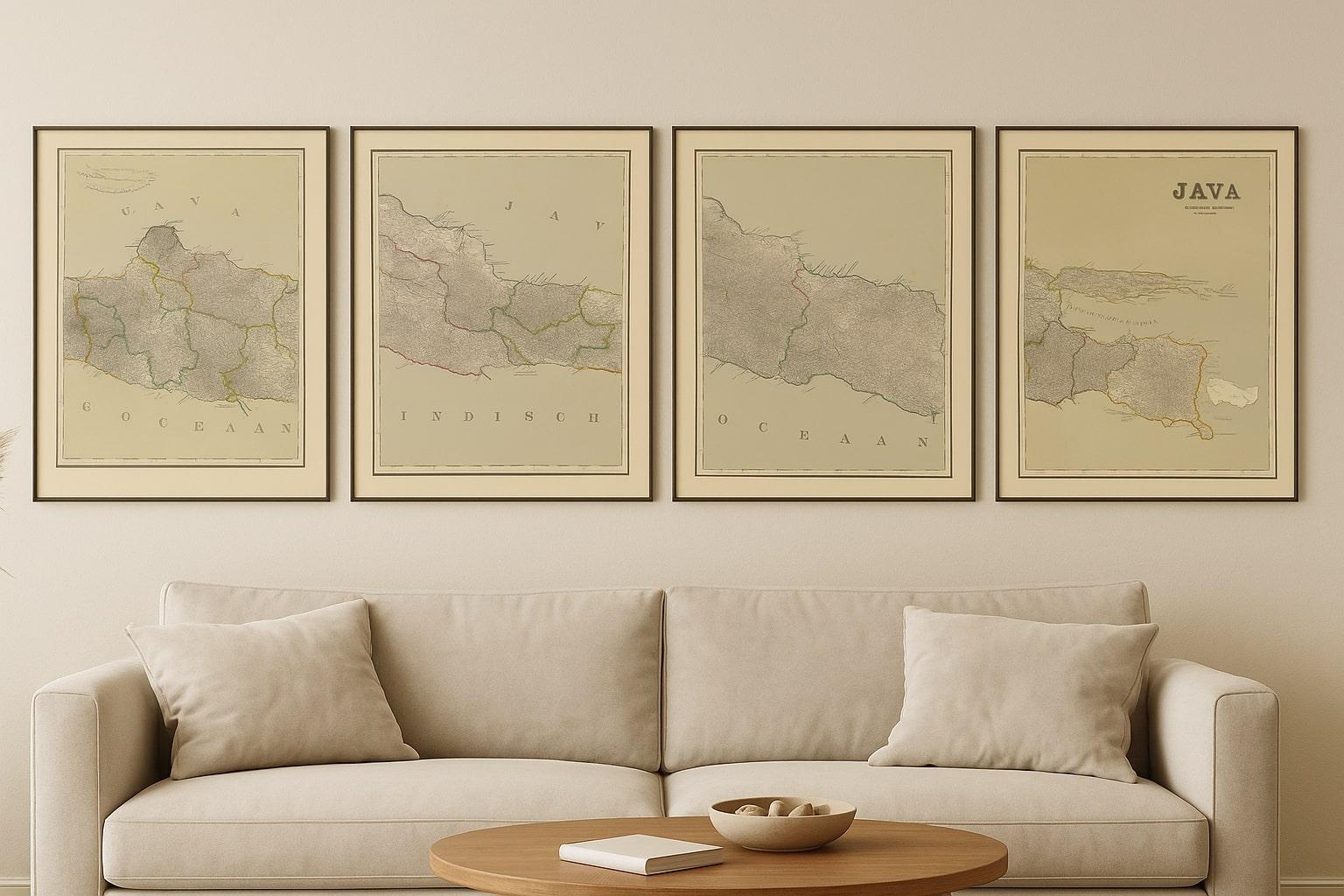 Cuatro mapas antiguos de Java con plano de Batavia - Juego de pared de las Indias Orientales Holandesas de 1880 en venta 1