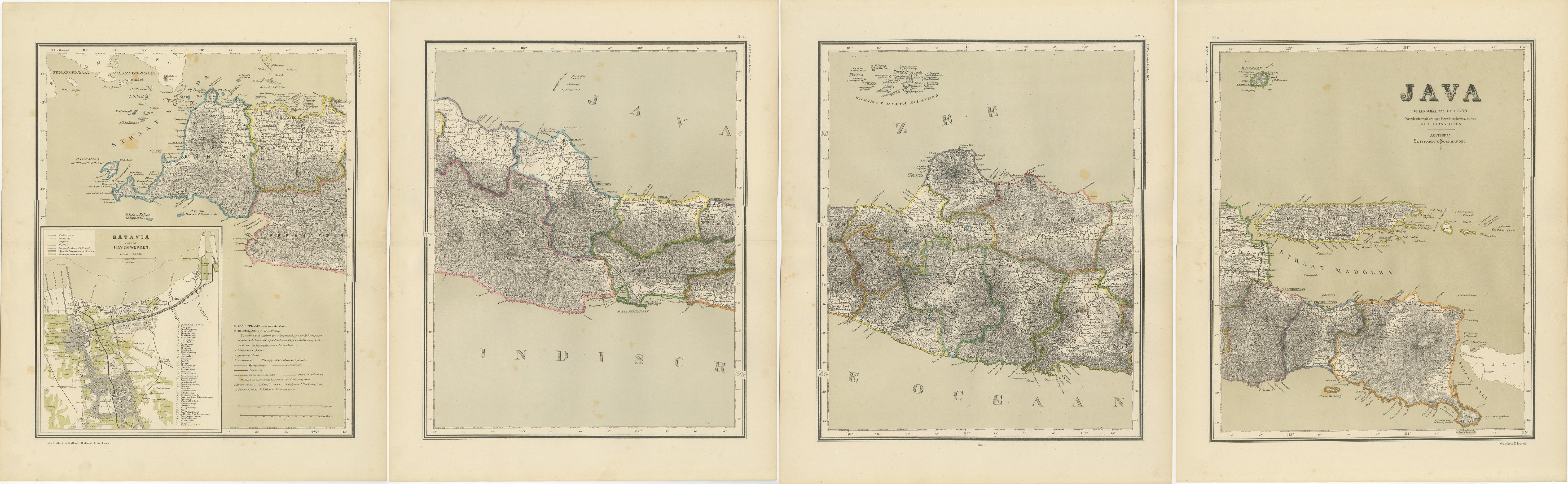 Cuatro mapas antiguos de Java con plano de Batavia - Juego de pared de las Indias Orientales Holandesas de 1880
