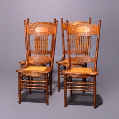 Four Antique Larkin No. 1 Double Pressed Back Oak Dining Chairs, c1910