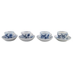 Four Antique Meissen "Blue Onion" Coffee Cups with Saucer in Porcelain