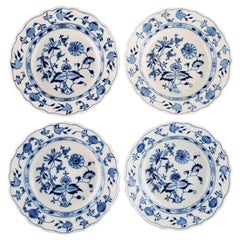 Four Antique Meissen Blue Onion Deep Plates in Hand-Painted Porcelain