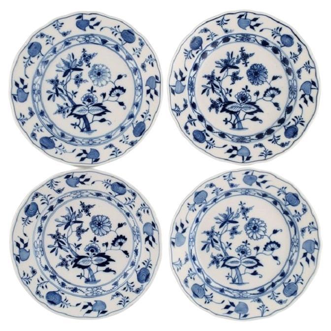 Four Antique Meissen Blue Onion Dinner Plates in Hand-Painted Porcelain