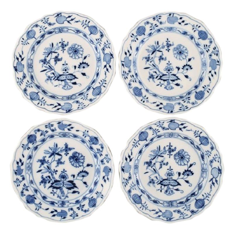 Four Antique Meissen "Blue Onion" Lunch Plates in Hand Painted Porcelain