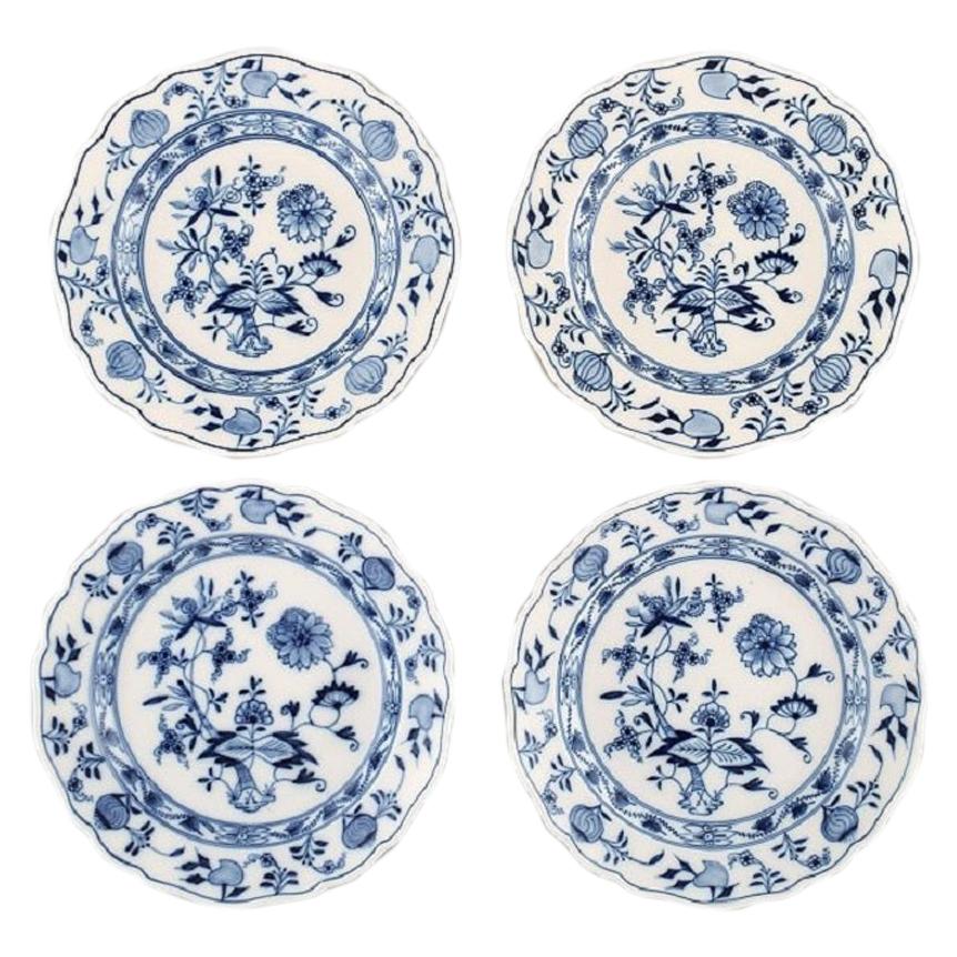 Four Antique Meissen "Blue Onion" Plates in Hand Painted Porcelain