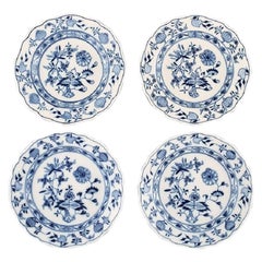 Four Antique Meissen "Blue Onion" Plates in Hand Painted Porcelain