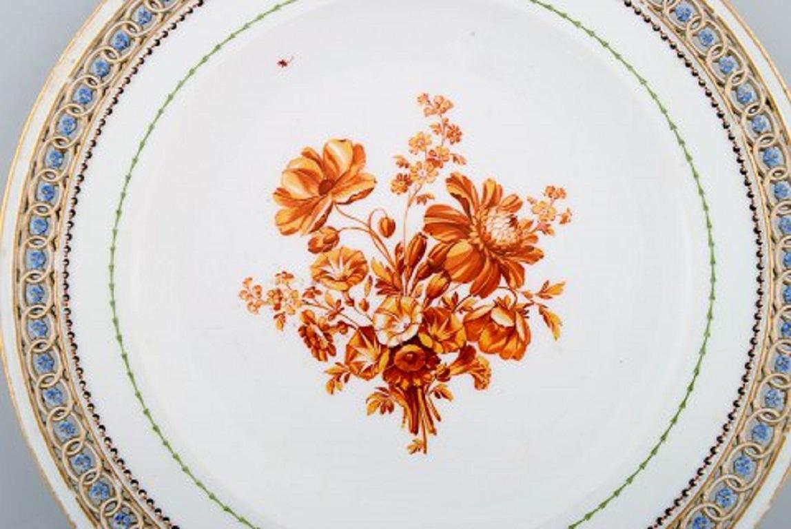 Empire Four Antique Meissen Plates in Pierced Porcelain with Hand Painted Floral Motifs