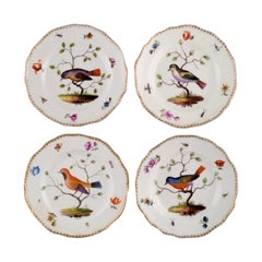 Four Antique Meissen Porcelain Plates with Hand-Painted Flowers and Birds