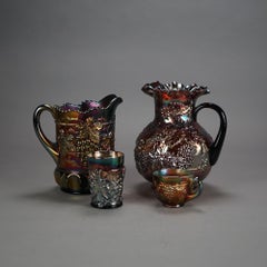 Four Antique Northwood Purple Amethyst Grape & Leaf Carnival Glass Drink Set