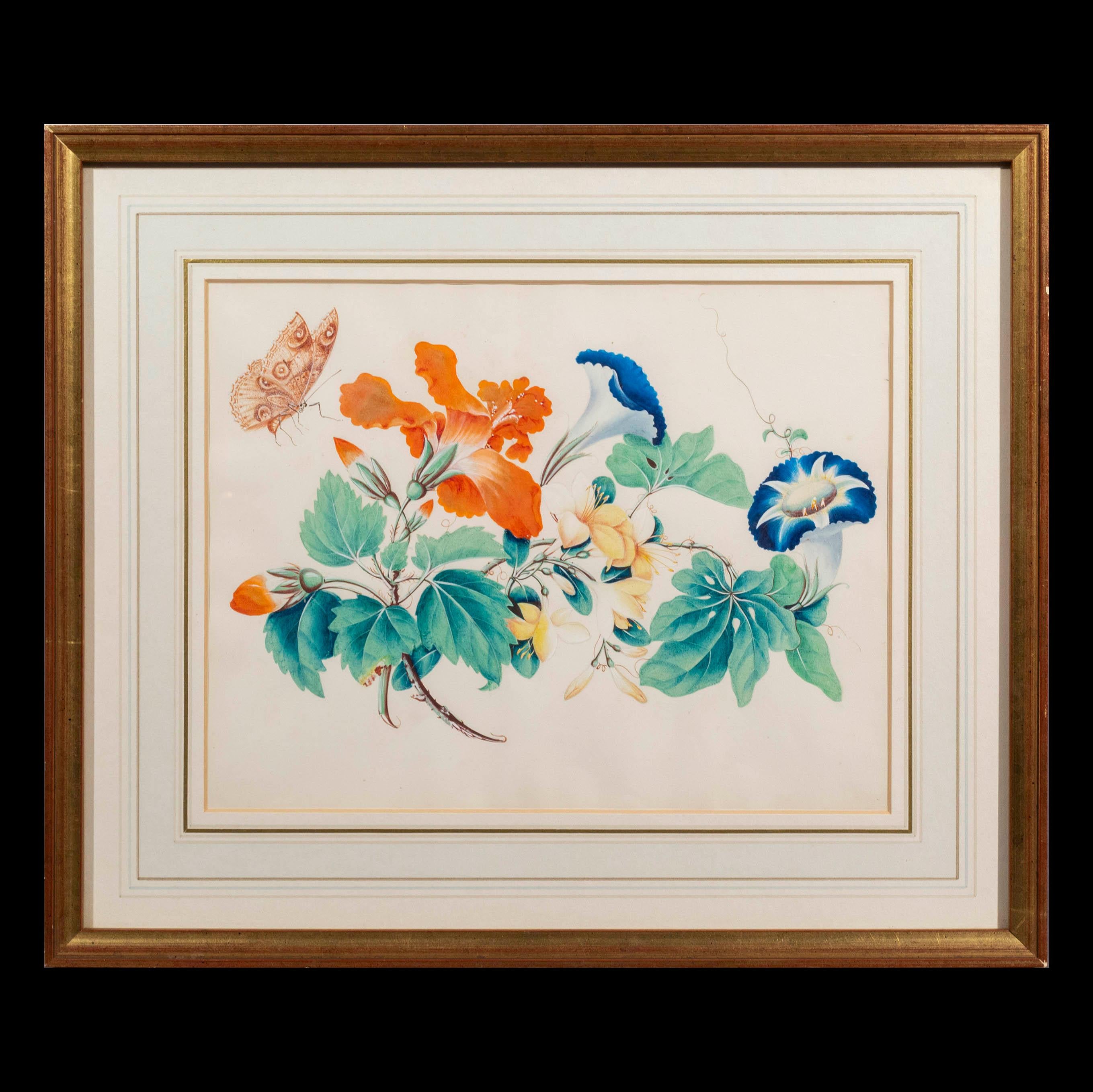 Quatre tableaux anciens de fleurs et de papillons Bon état - En vente à Richmond, London