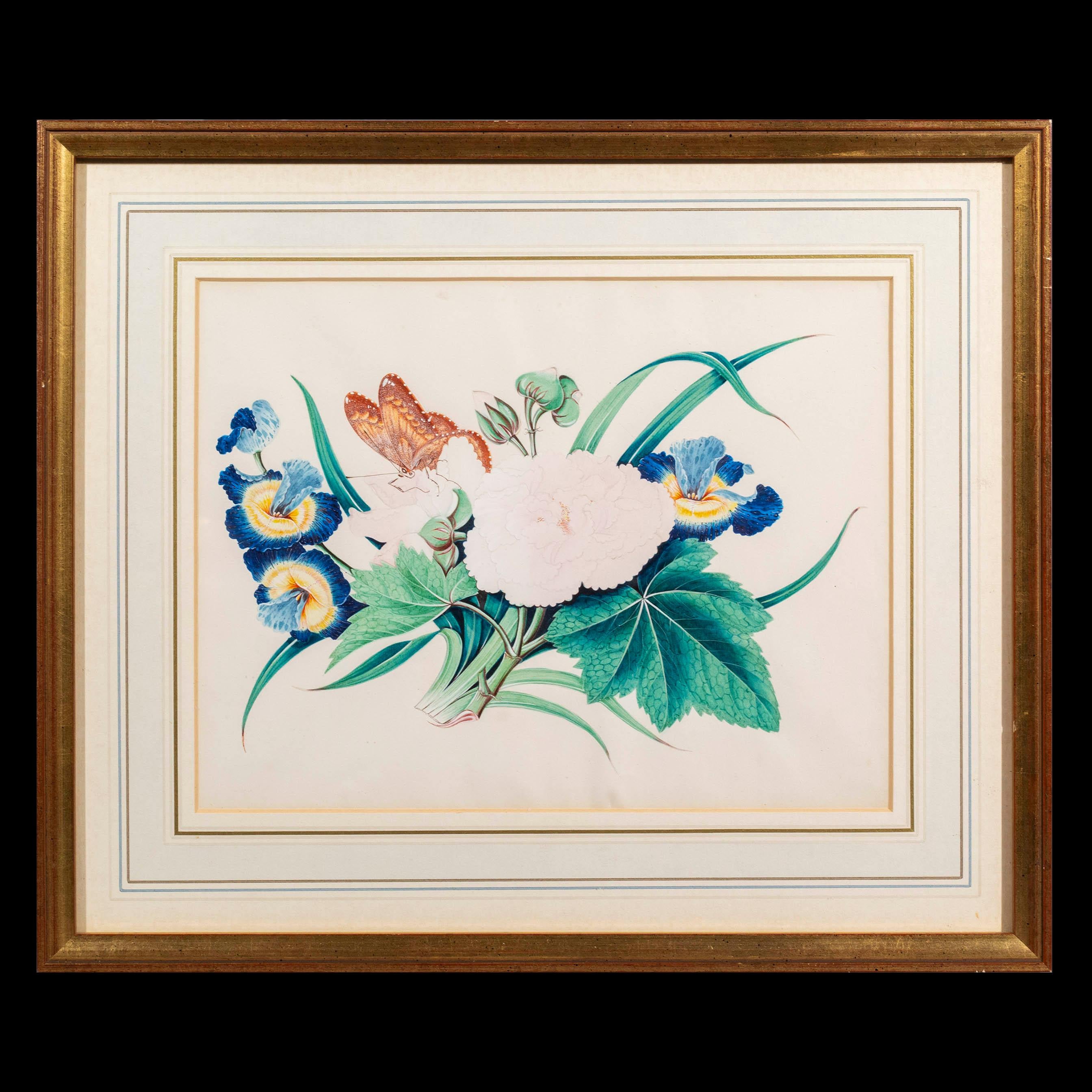 20ième siècle Quatre tableaux anciens de fleurs et de papillons en vente