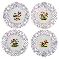 Four Antique Pierced Meissen Plates with Hand Painted Bird Motifs