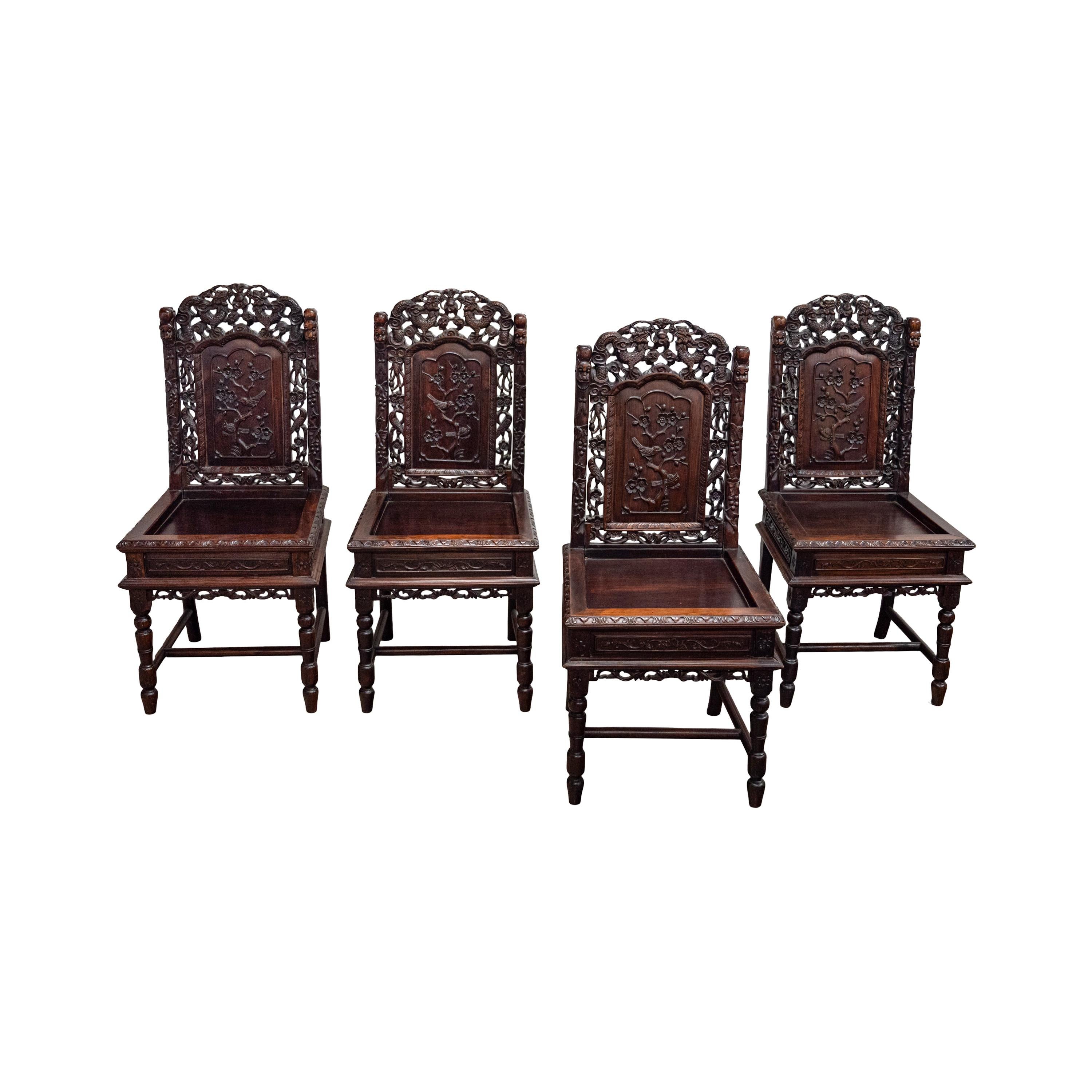 Vier antike Qing Dynasty Chinese Carved Rosewood Side Dining Dragon Chairs 1880 im Angebot 2