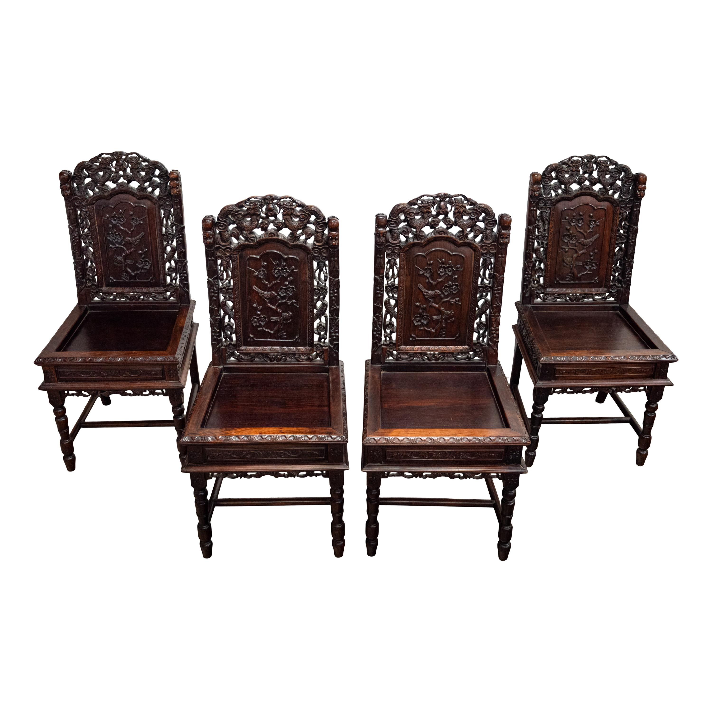 Vier antike Qing Dynasty Chinese Carved Rosewood Side Dining Dragon Chairs 1880 im Angebot 4