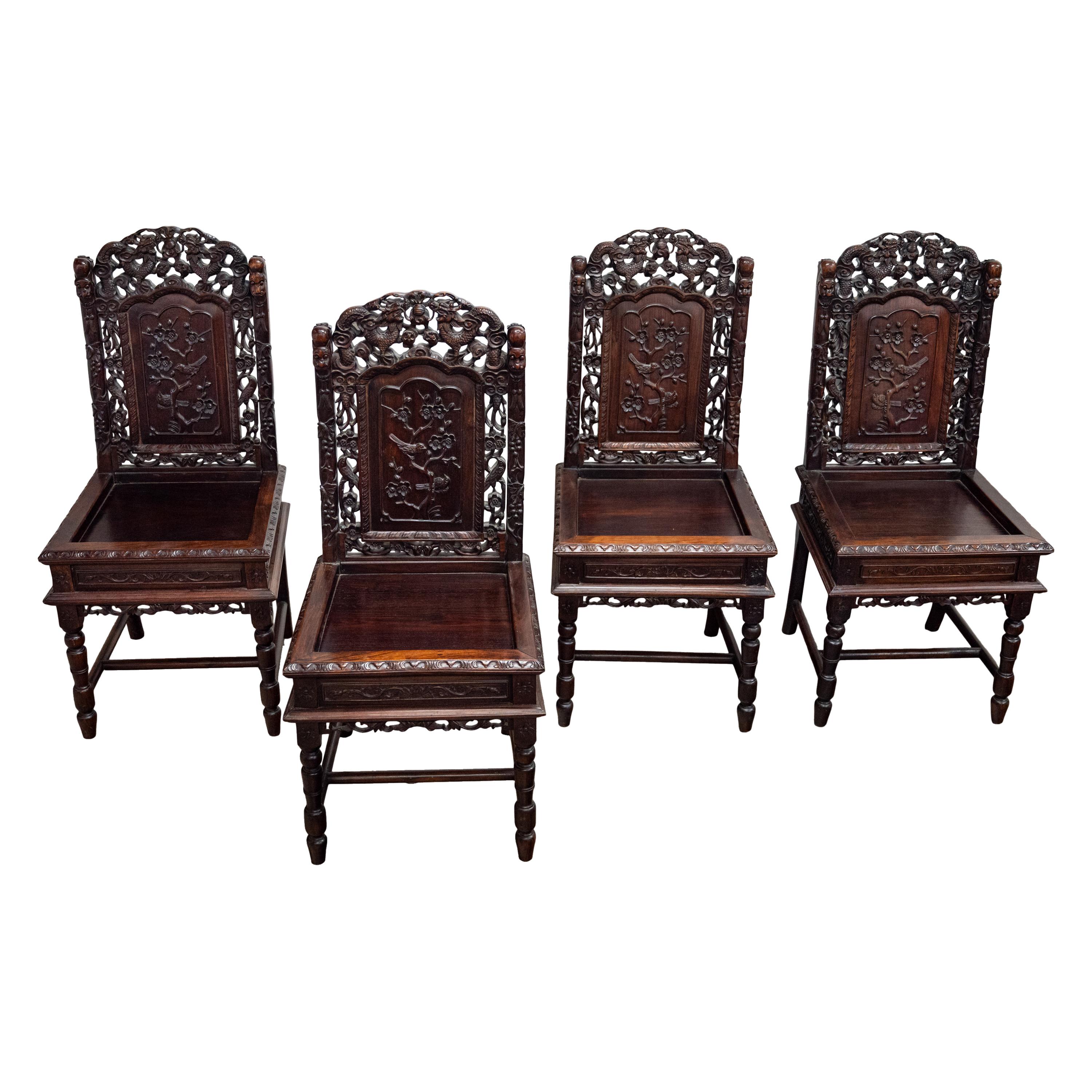 Vier antike Qing Dynasty Chinese Carved Rosewood Side Dining Dragon Chairs 1880 im Angebot 5