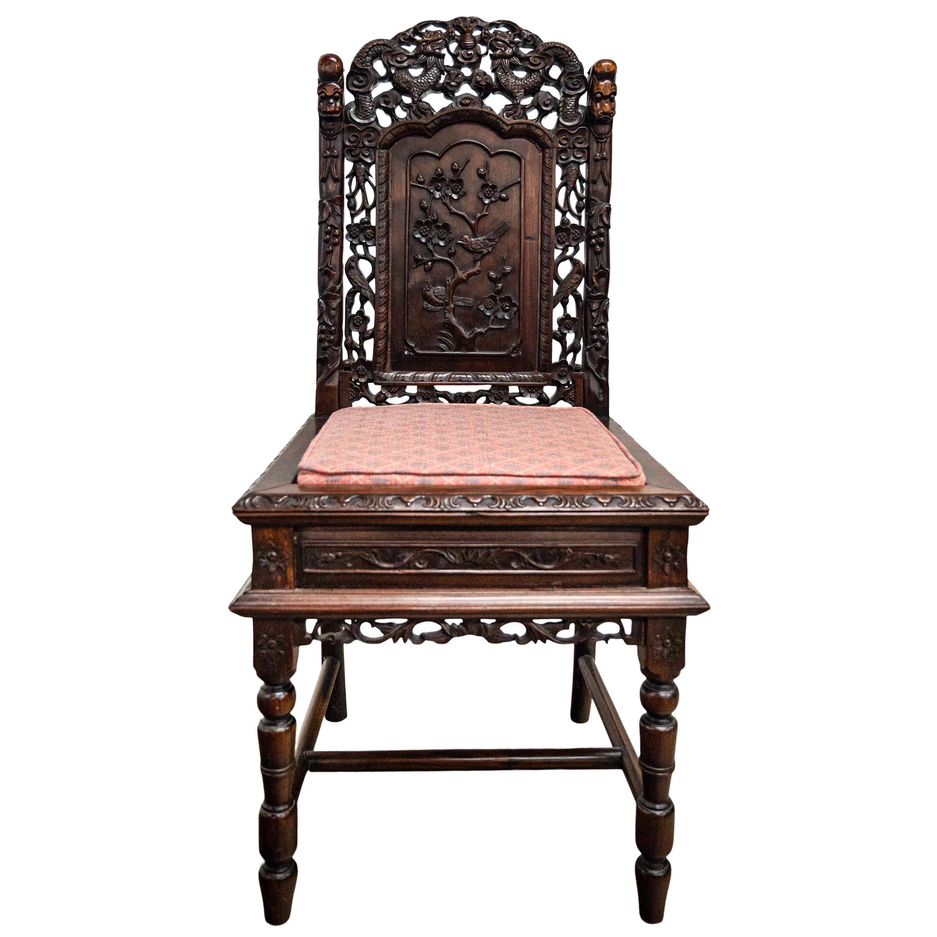 Four Antique Qing Dynasty Chinese Carved Rosewood Side Dining Dragon Chairs 1880 For Sale 11