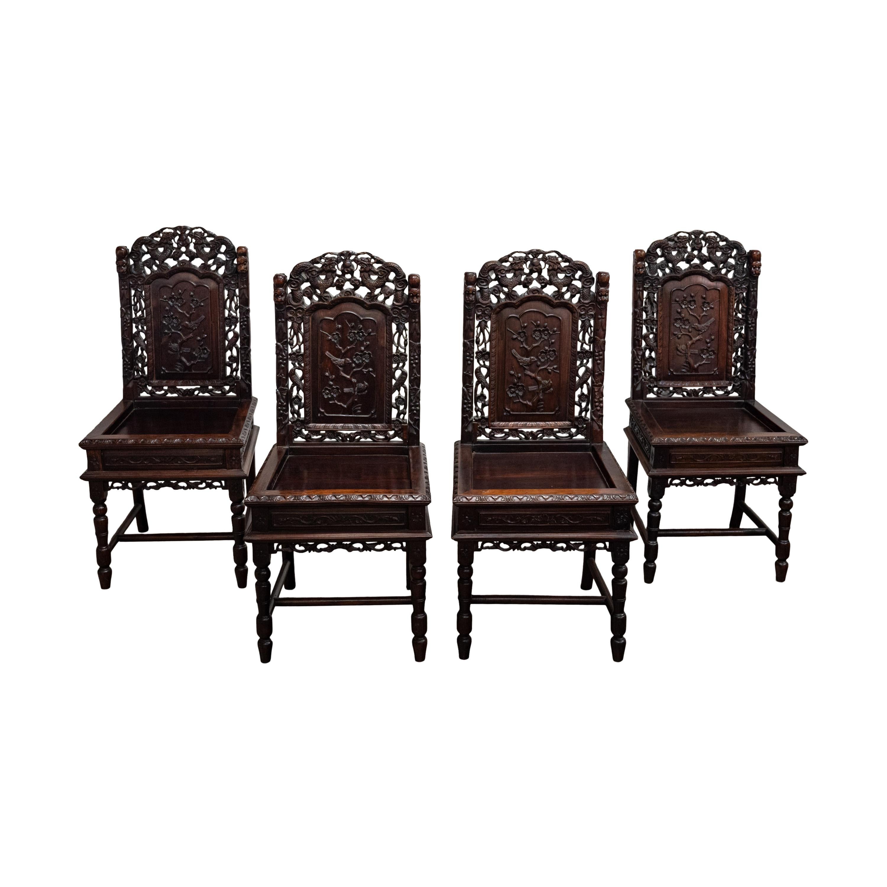 Vier antike Qing Dynasty Chinese Carved Rosewood Side Dining Dragon Chairs 1880 im Angebot 1