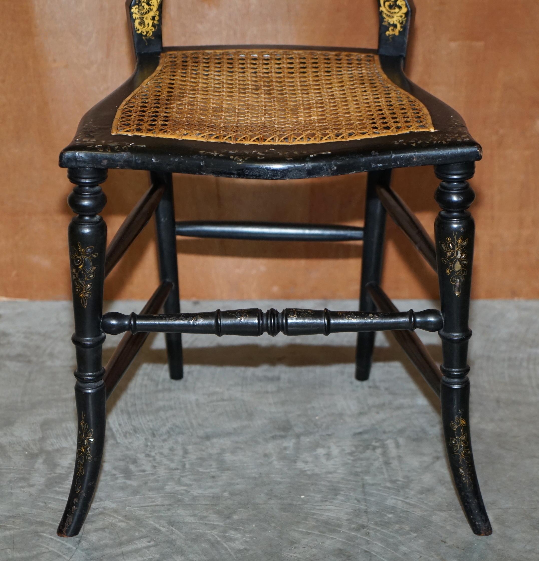 Four Antique Regency Bergere Mother of Pearl Ebonised Side Occasional Chairs For Sale 4