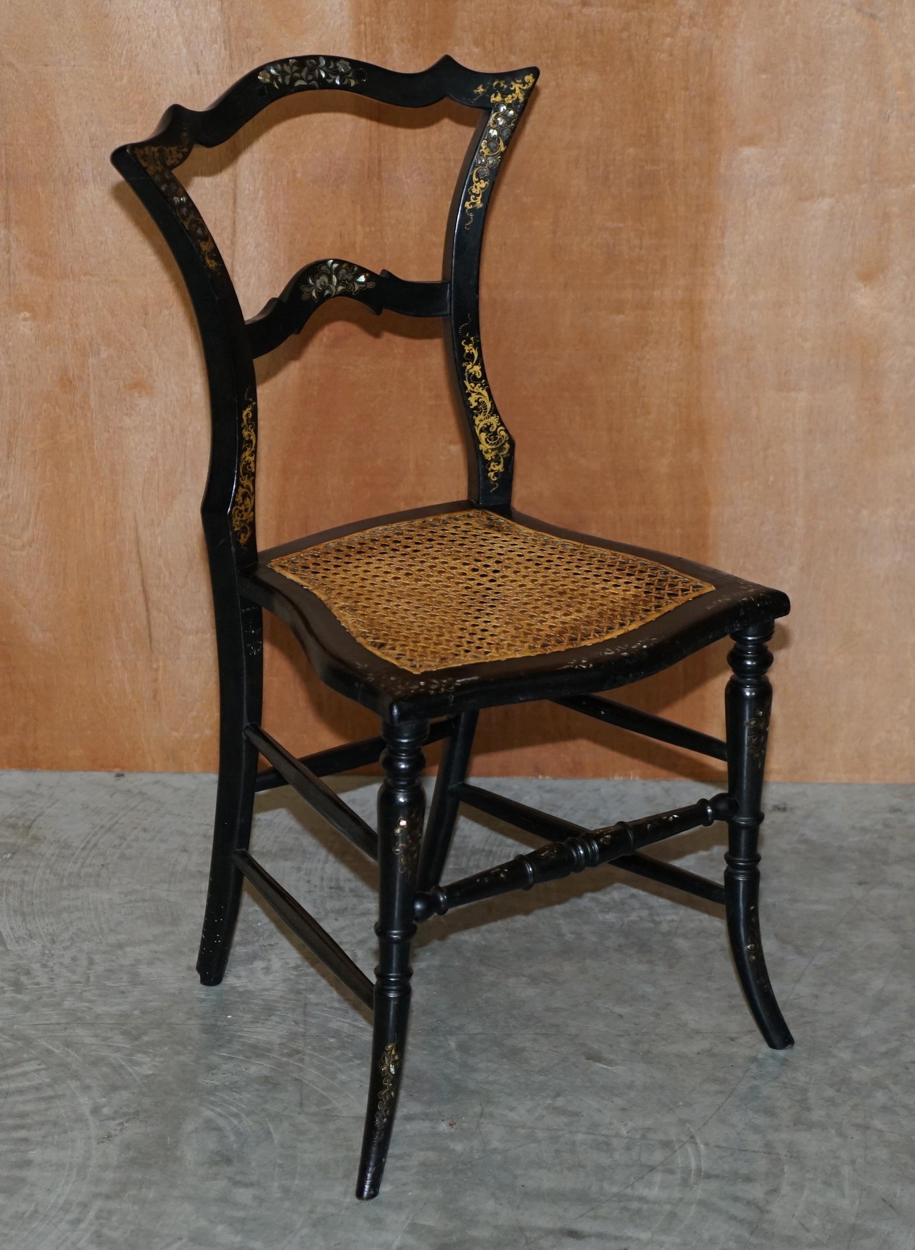 Four Antique Regency Bergere Mother of Pearl Ebonised Side Occasional Chairs For Sale 9