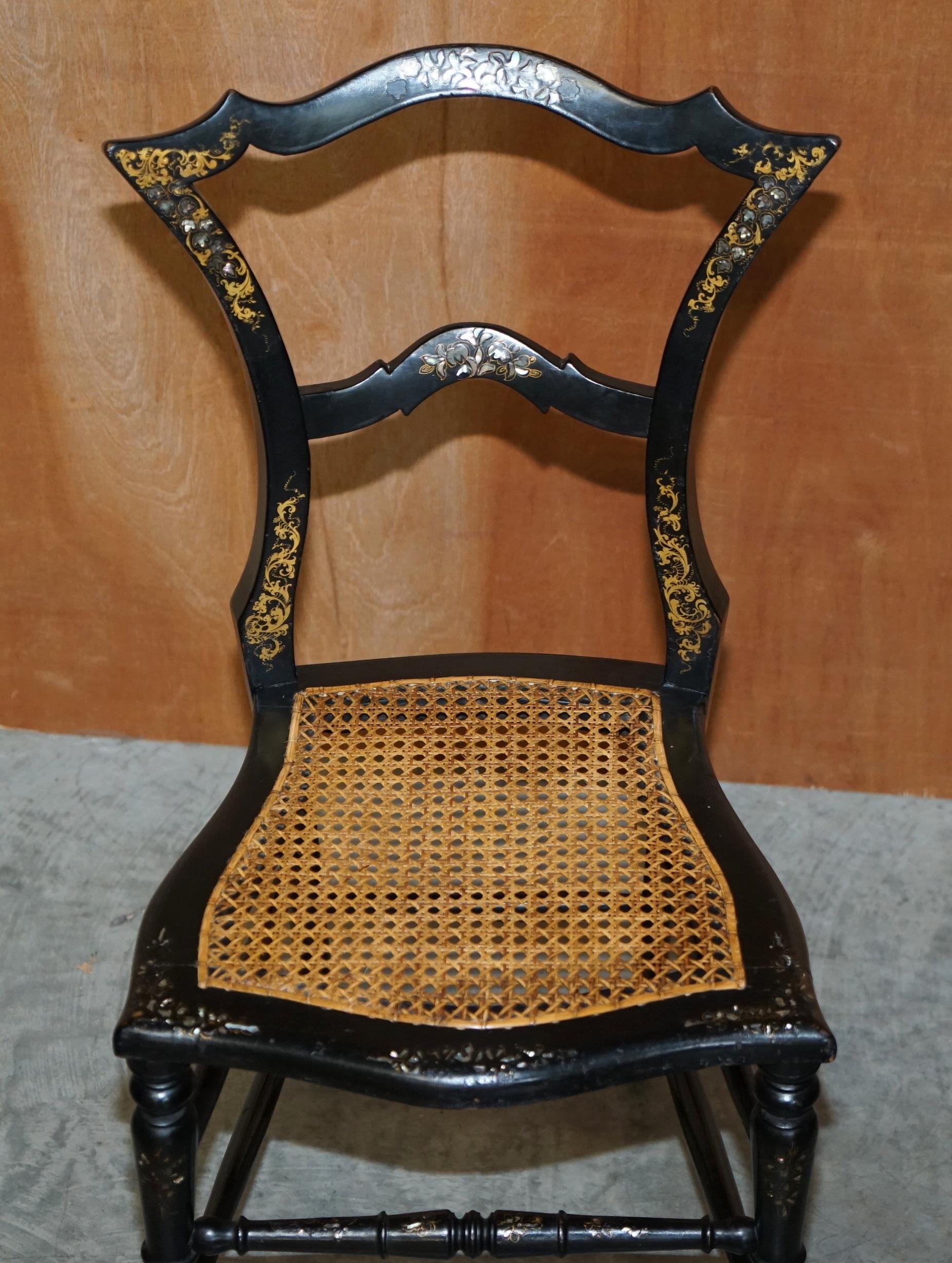 Four Antique Regency Bergere Mother of Pearl Ebonised Side Occasional Chairs For Sale 10