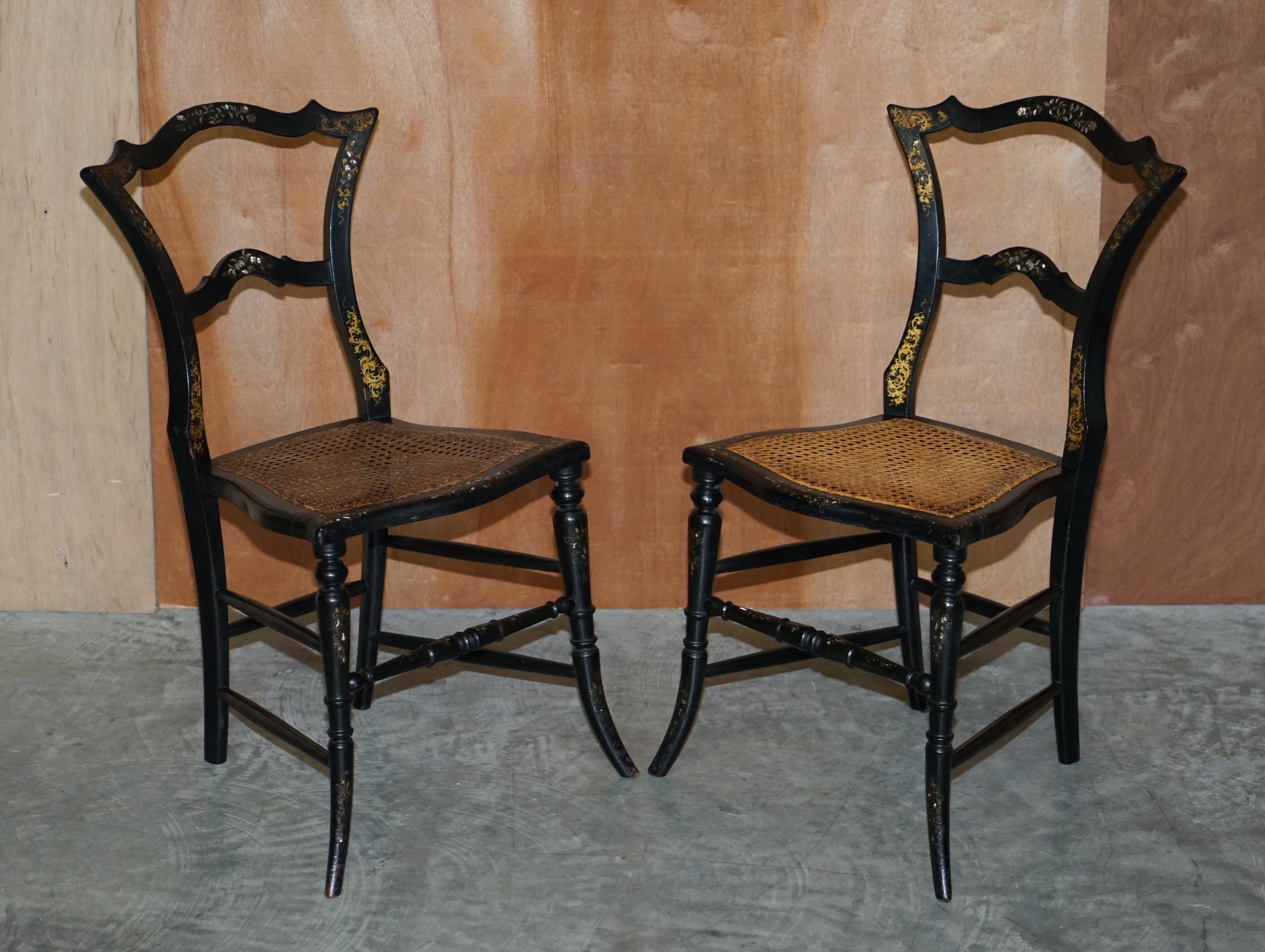 Four Antique Regency Bergere Mother of Pearl Ebonised Side Occasional Chairs For Sale 11