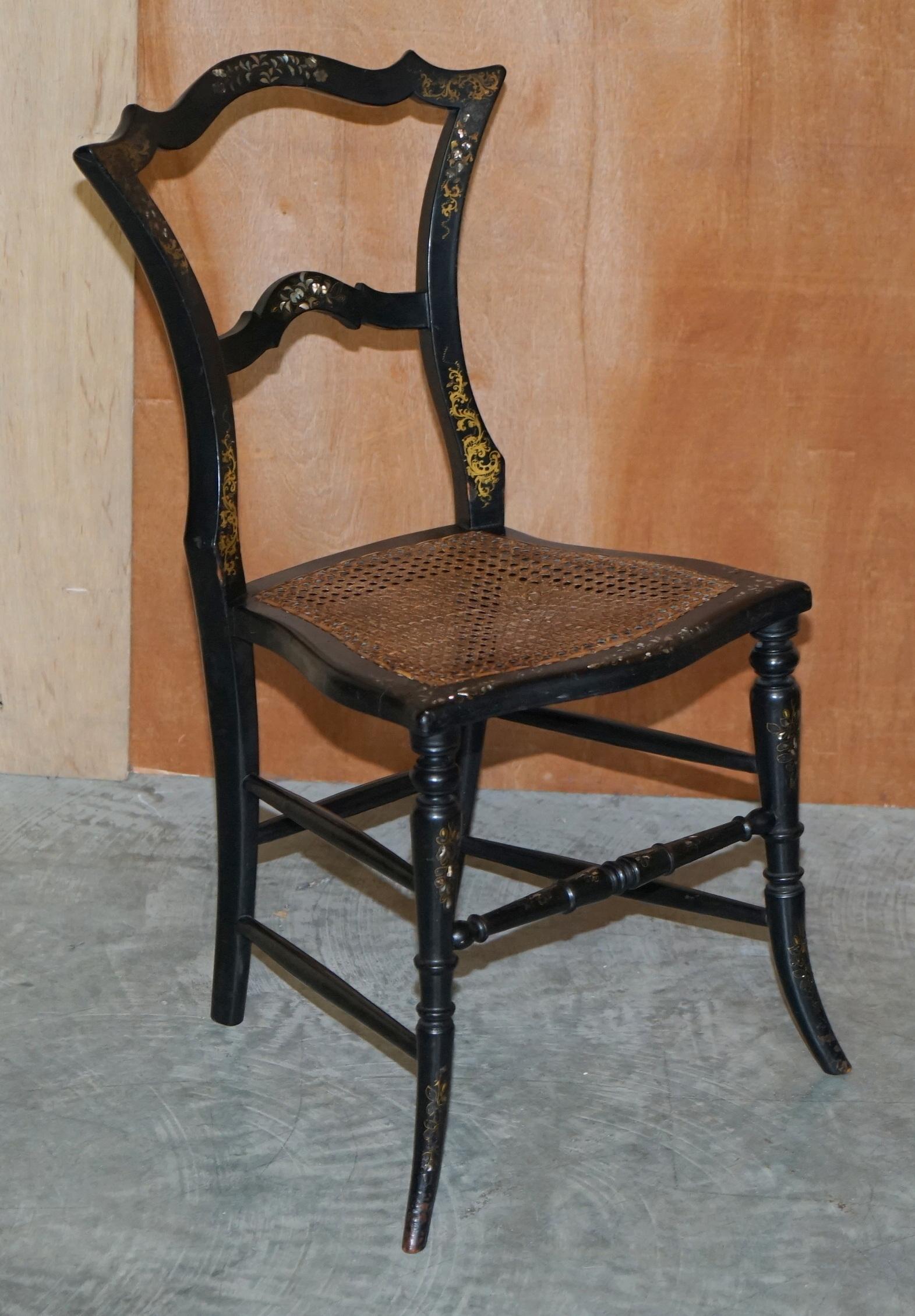 Four Antique Regency Bergere Mother of Pearl Ebonised Side Occasional Chairs For Sale 12