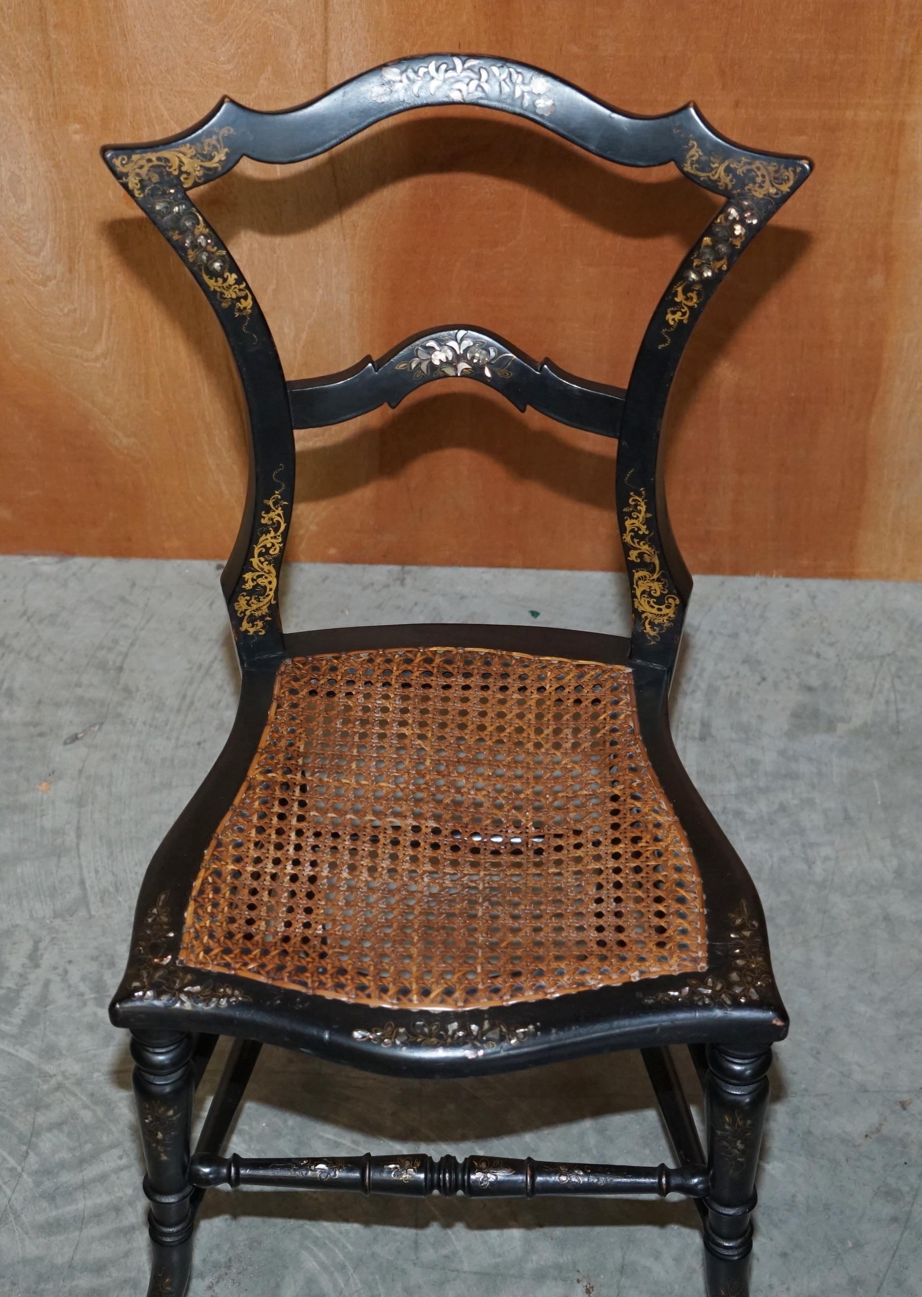 Four Antique Regency Bergere Mother of Pearl Ebonised Side Occasional Chairs For Sale 13