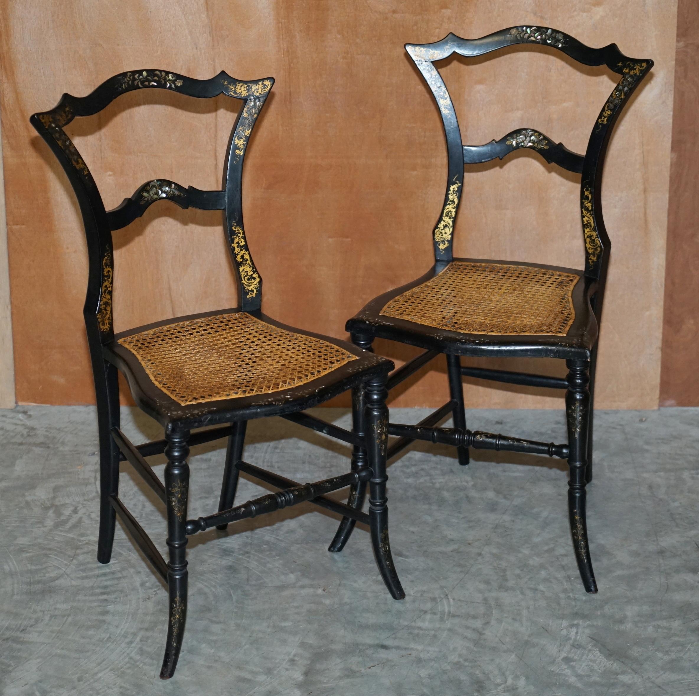 English Four Antique Regency Bergere Mother of Pearl Ebonised Side Occasional Chairs For Sale