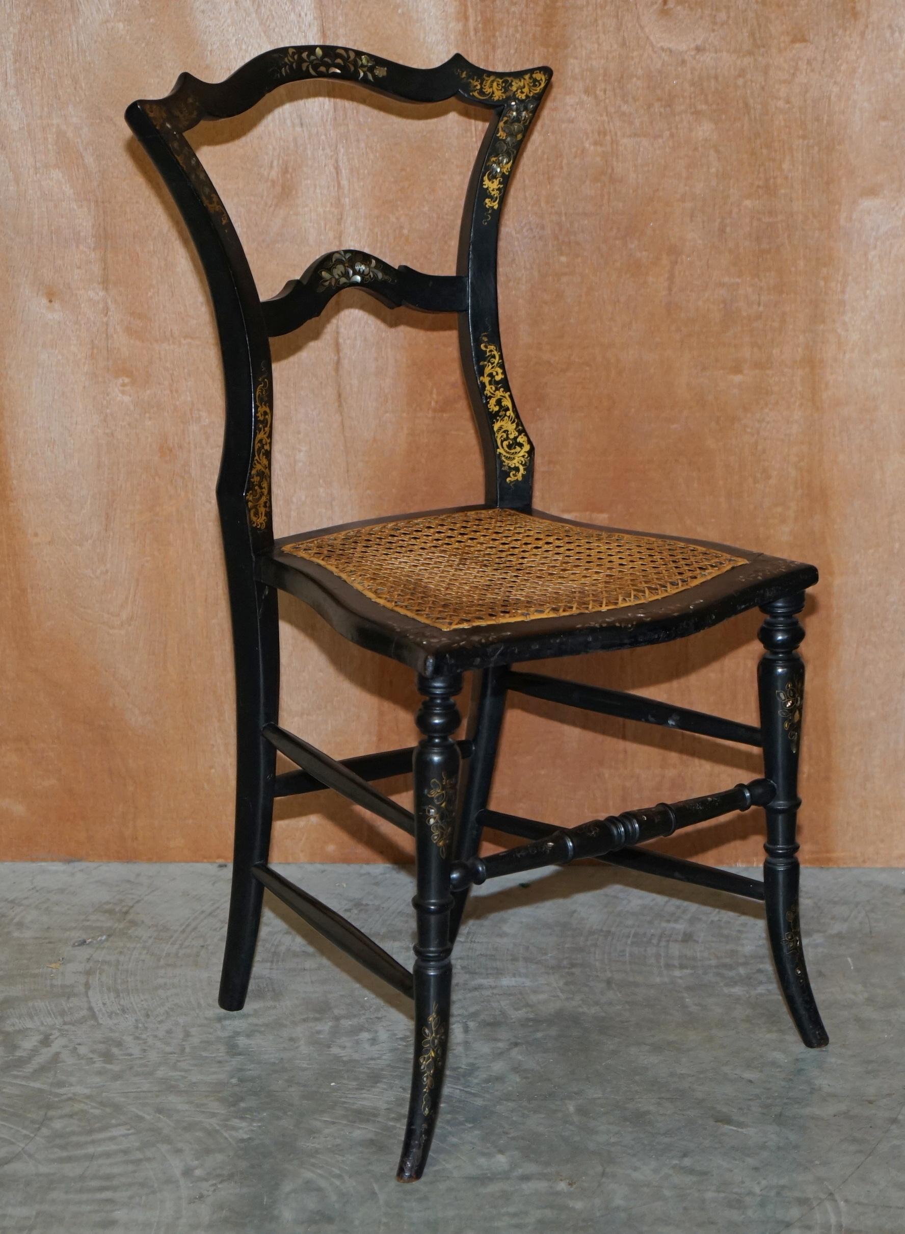 Ebonized Four Antique Regency Bergere Mother of Pearl Ebonised Side Occasional Chairs For Sale