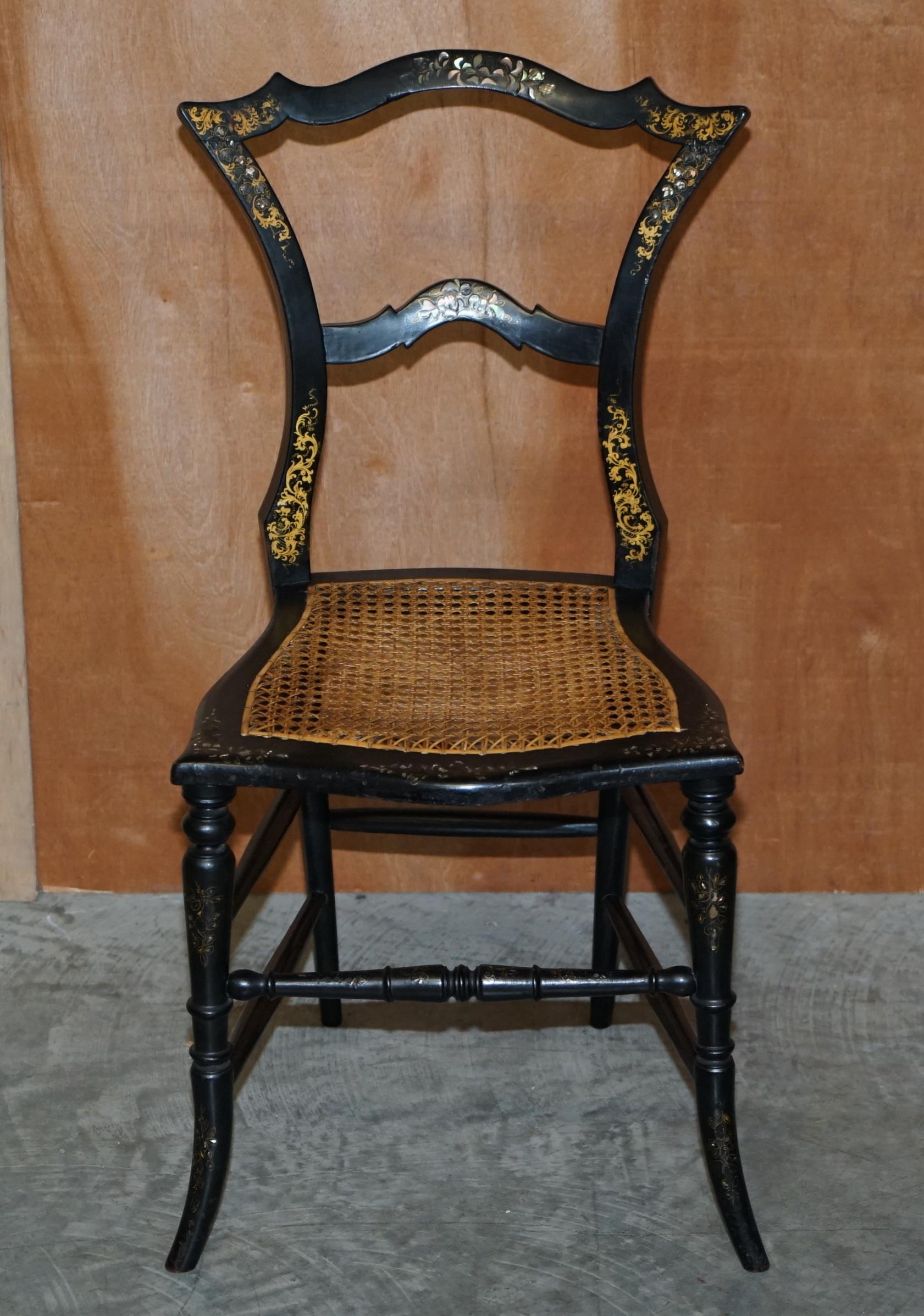Early 19th Century Four Antique Regency Bergere Mother of Pearl Ebonised Side Occasional Chairs For Sale